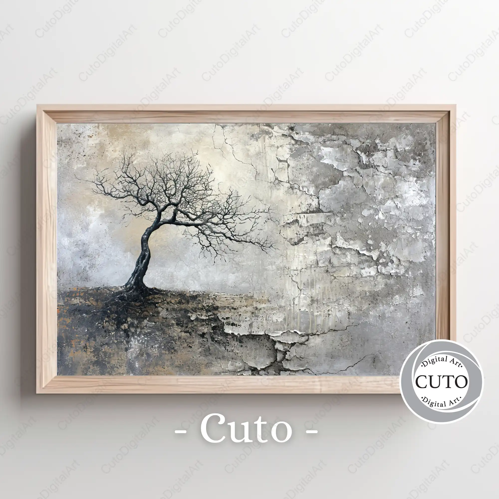 Vintage Bare Tree Wall Art Design with Distressed Concrete Texture - Minimalist JPG Digital Download