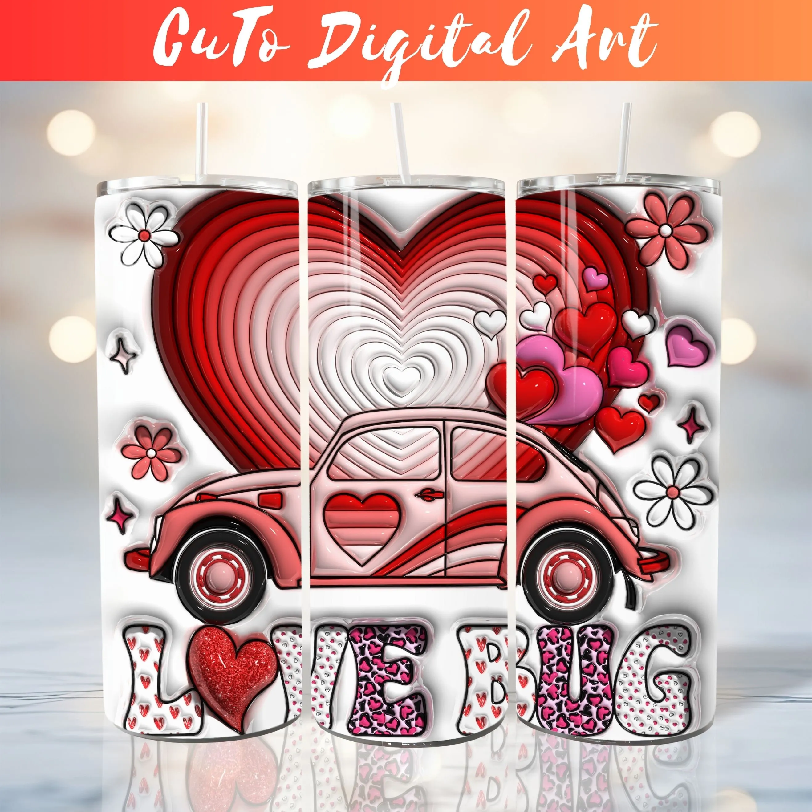 3D Retro Love Bug Inflated Tumbler Wrap PNG - 3D Puffy Valentine's Day Hearts Digital Design - Saint's Day 20oz Tumbler Sublimation