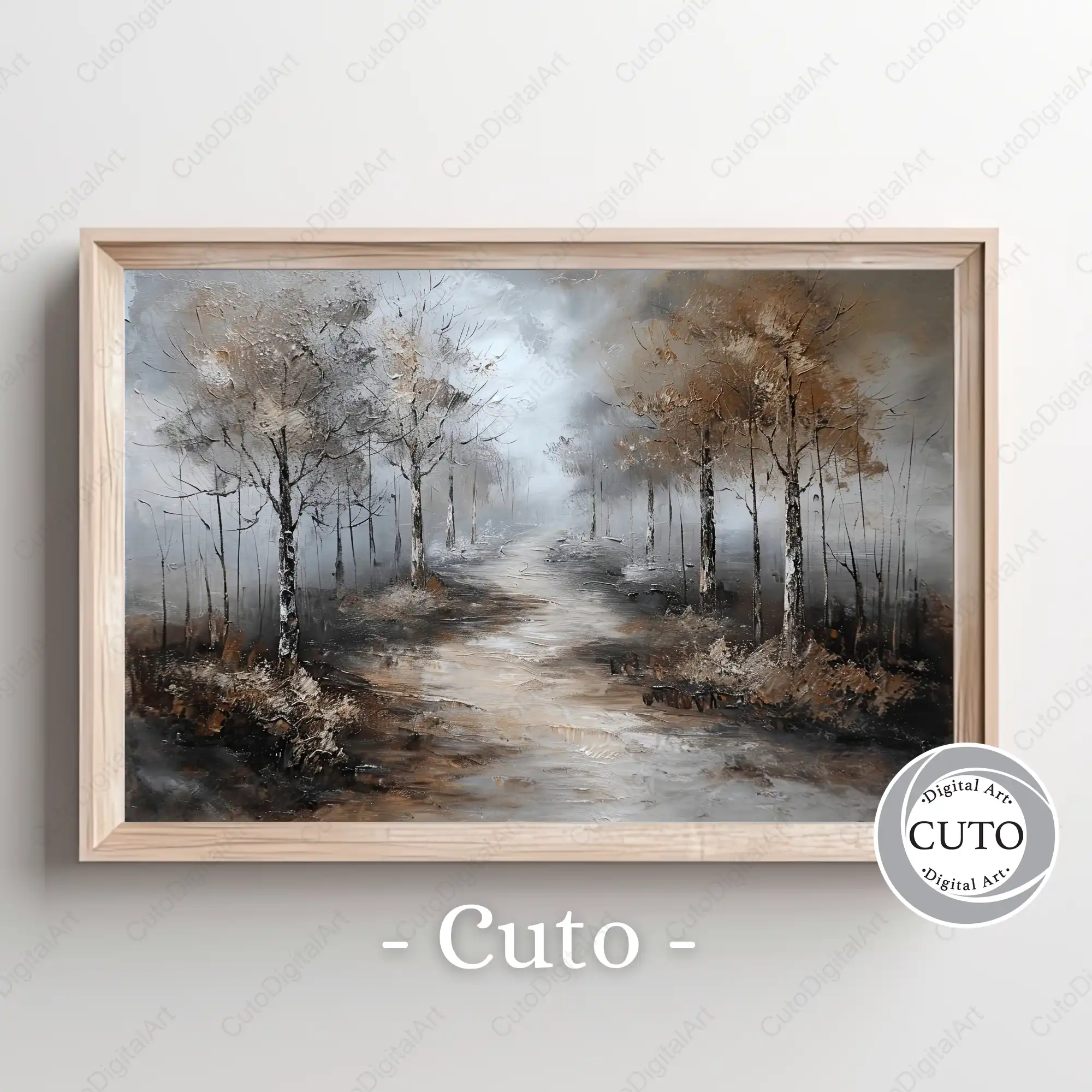 Misty Forest Path Wall Art Design with Atmospheric Autumn Trees & Moody Landscape - JPG Digital Download