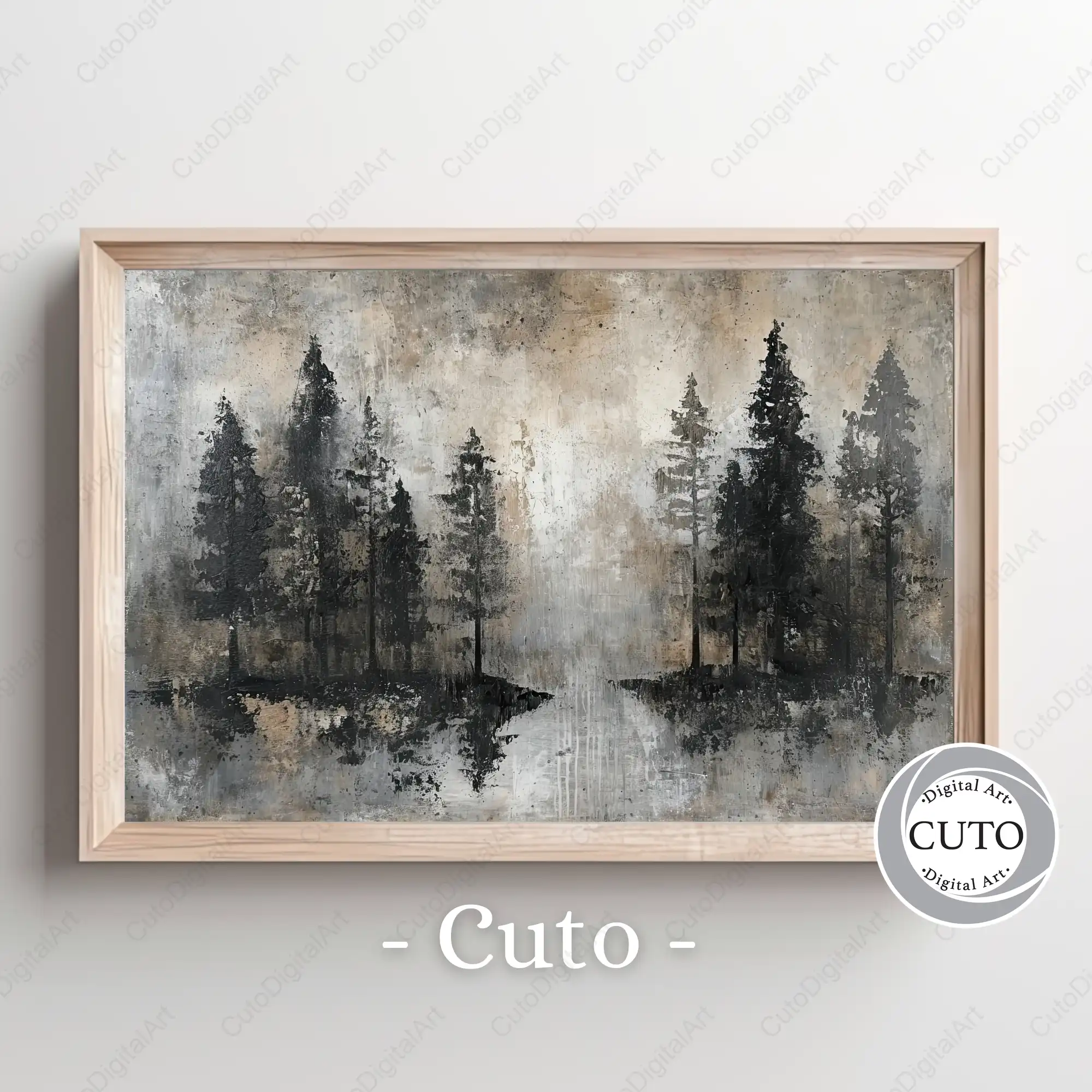 Rustic Forest Wall Art Design with Vintage Distressed Texture & Evergreen Trees - JPG Digital Download