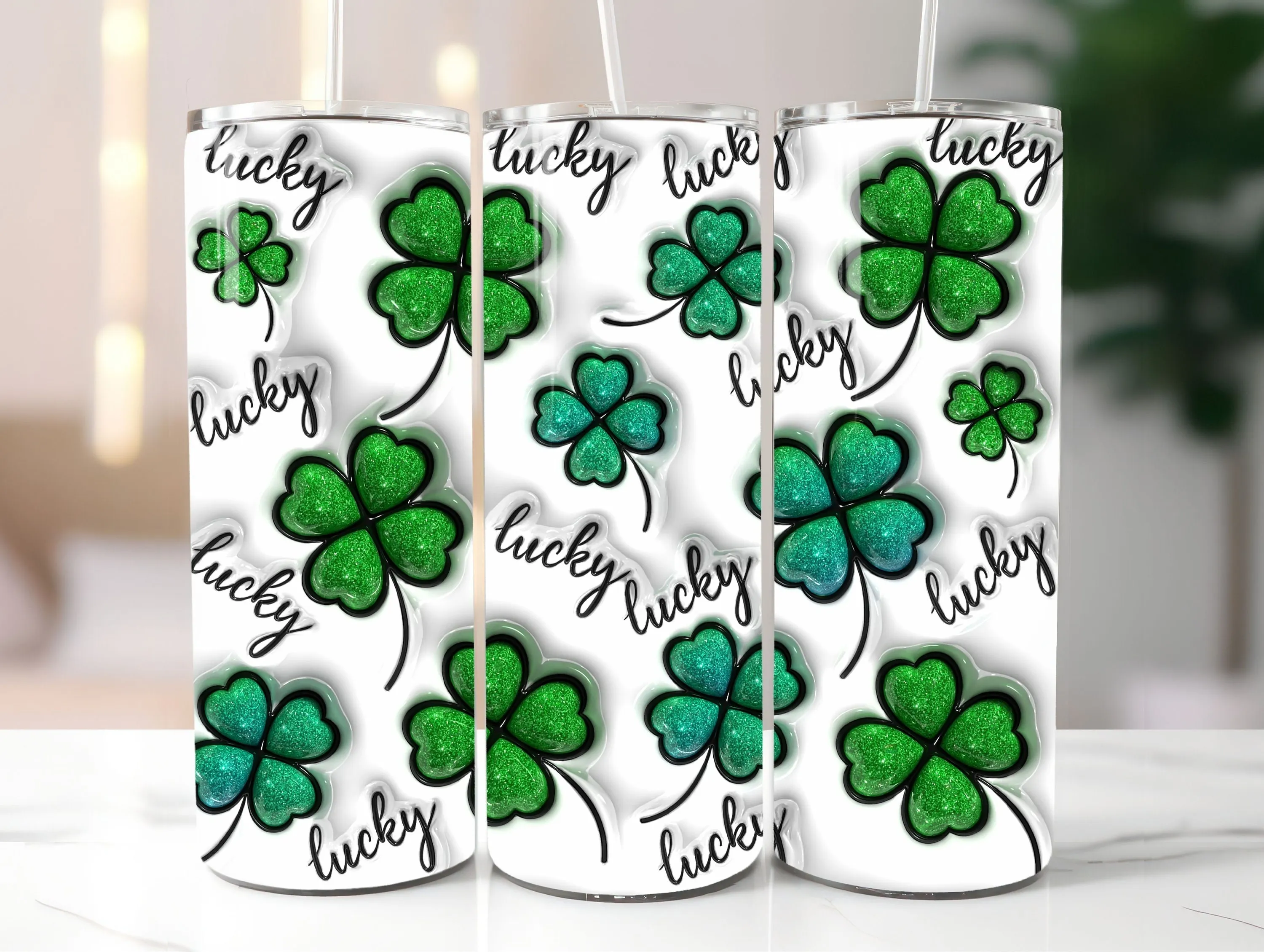 3D Lucky Four Leaf Glitter Clover Inflated Tumbler Wrap PNG, Puffy St Patrick's Day 20oz Skinny Tumbler Sublimation Design, Instant Download