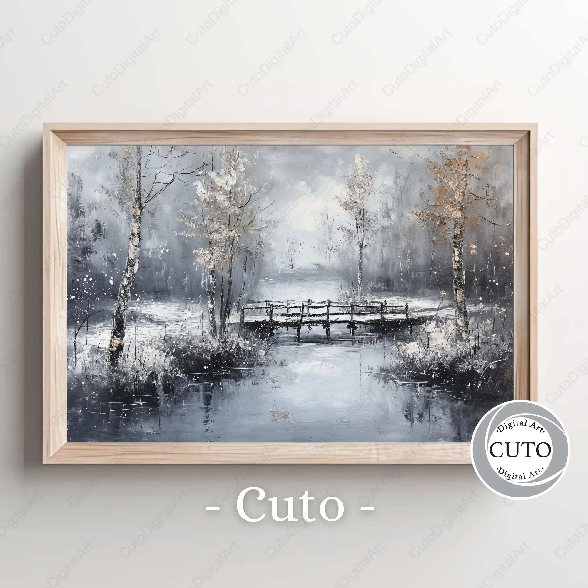 Winter Bridge Landscape Wall Art Print - Serene Nature Scene JPG Digital Download