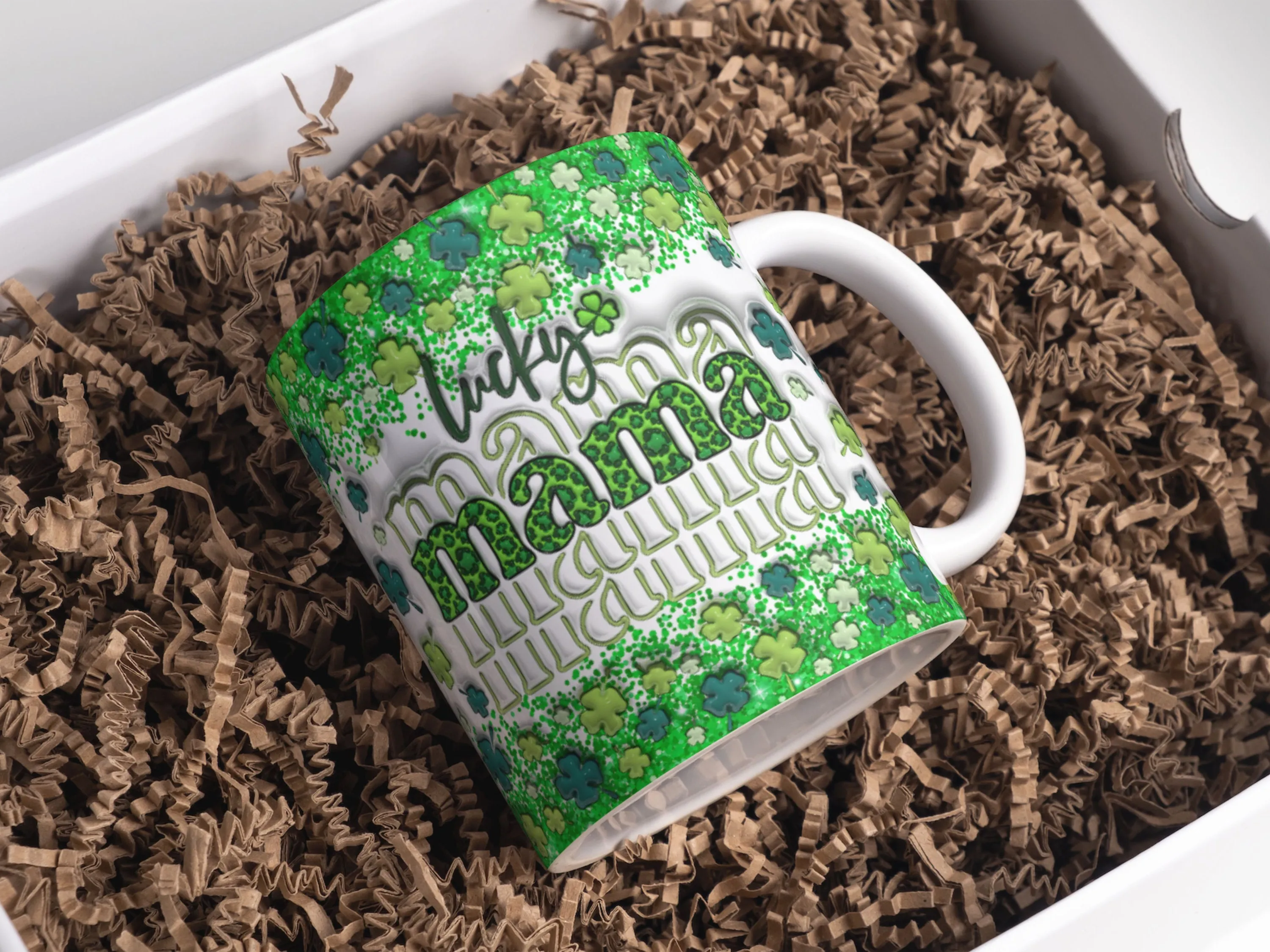 3D Glitter Lucky Mama Inflated Mug Wrap Sublimation Design 11oz & 15oz, Retro Puffy St Patrick's Day Mug PNG, Mug Template For Sublimation