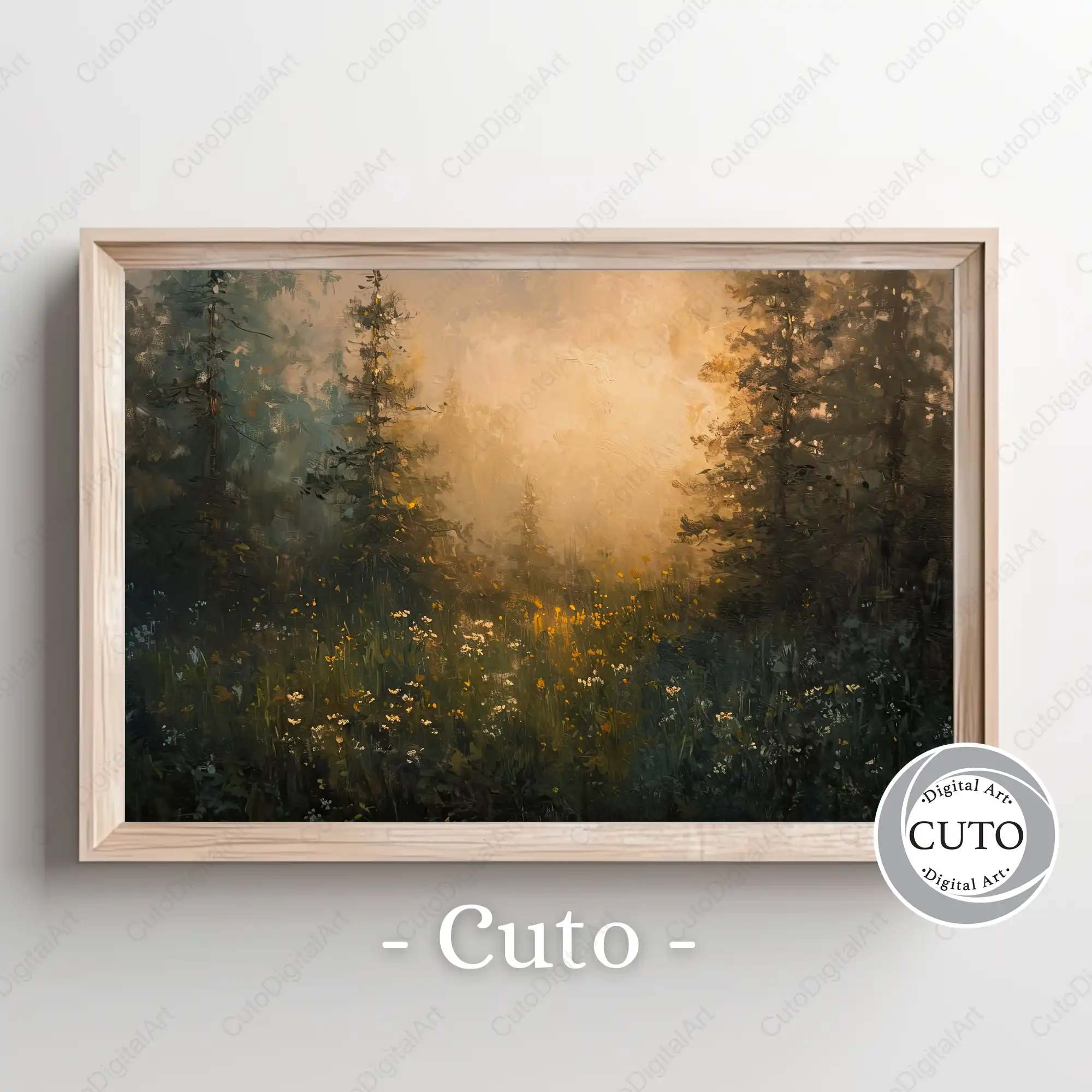 Misty Forest Landscape Wall Art Print - Golden Hour Nature Design JPG Digital Download
