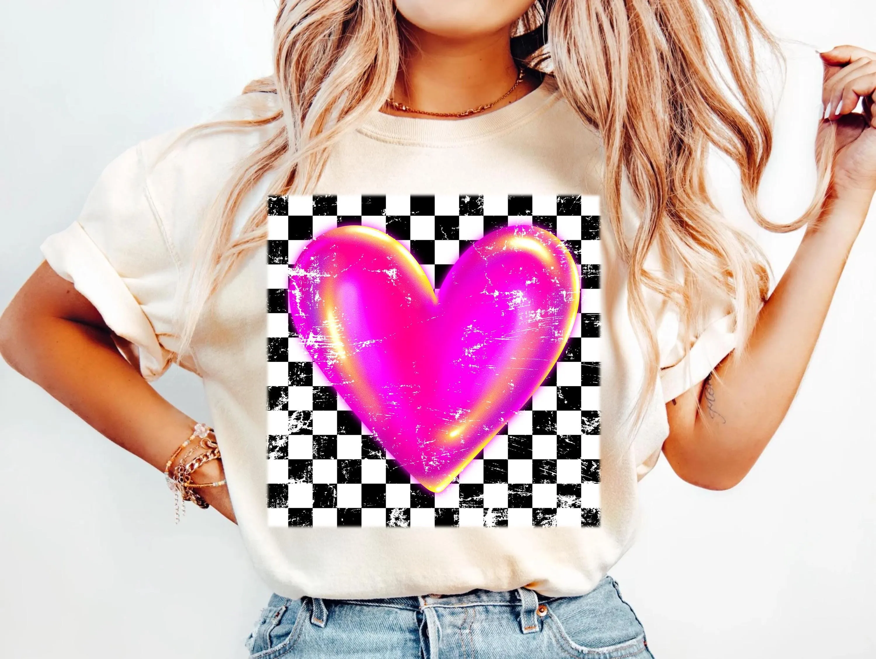 Pink Purple Heart Sublimation Design | Distressed Valentine Heart PNG | Grunge Checkered Background | Digital Download T-shirts Sweatshirts