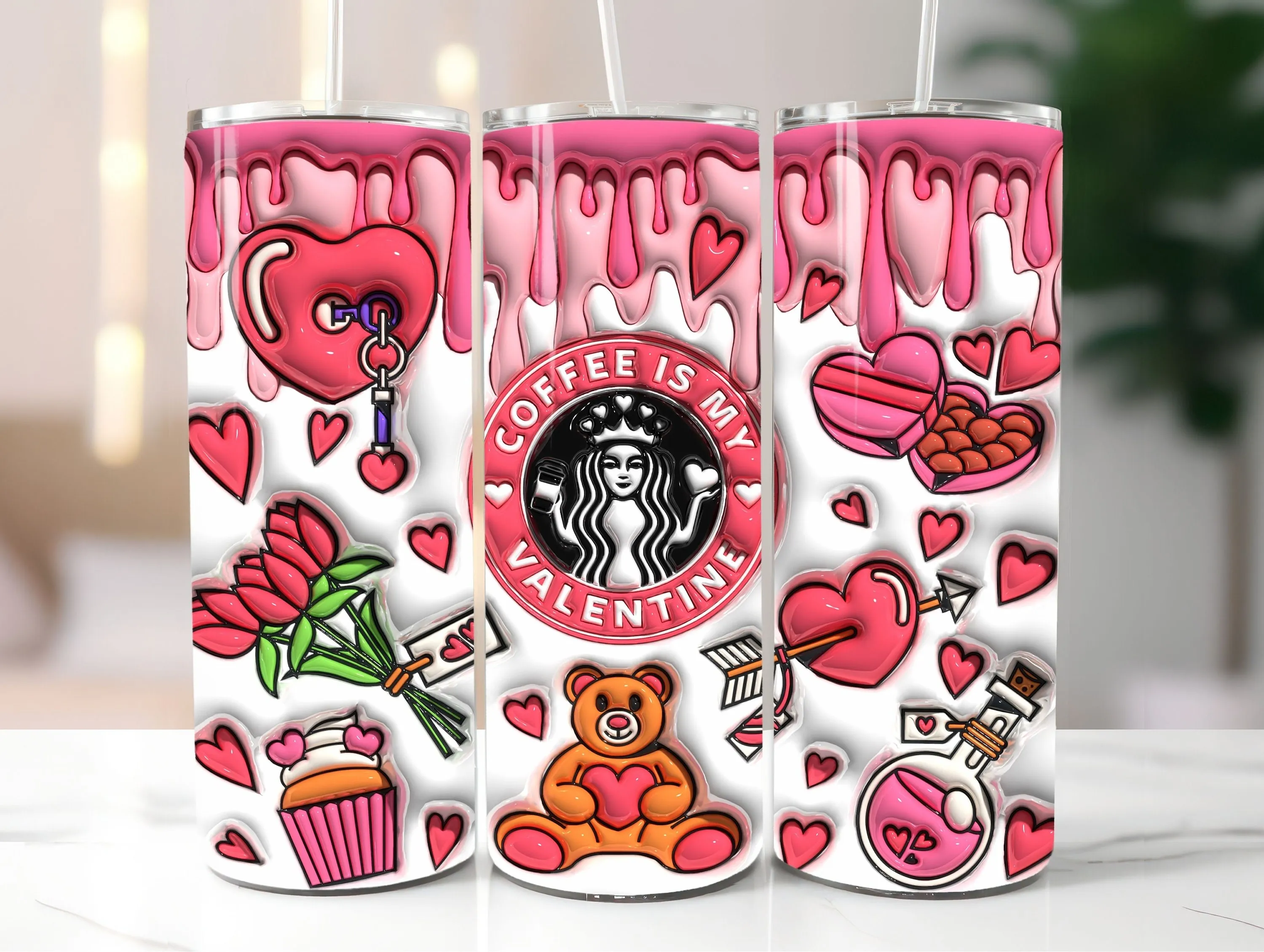 3D Coffee is my Valentine Inflated Tumbler Wrap PNG, 3D Puffy Valentine's Day Digital Design, 14 February Saint's Day Tumbler Sublimation