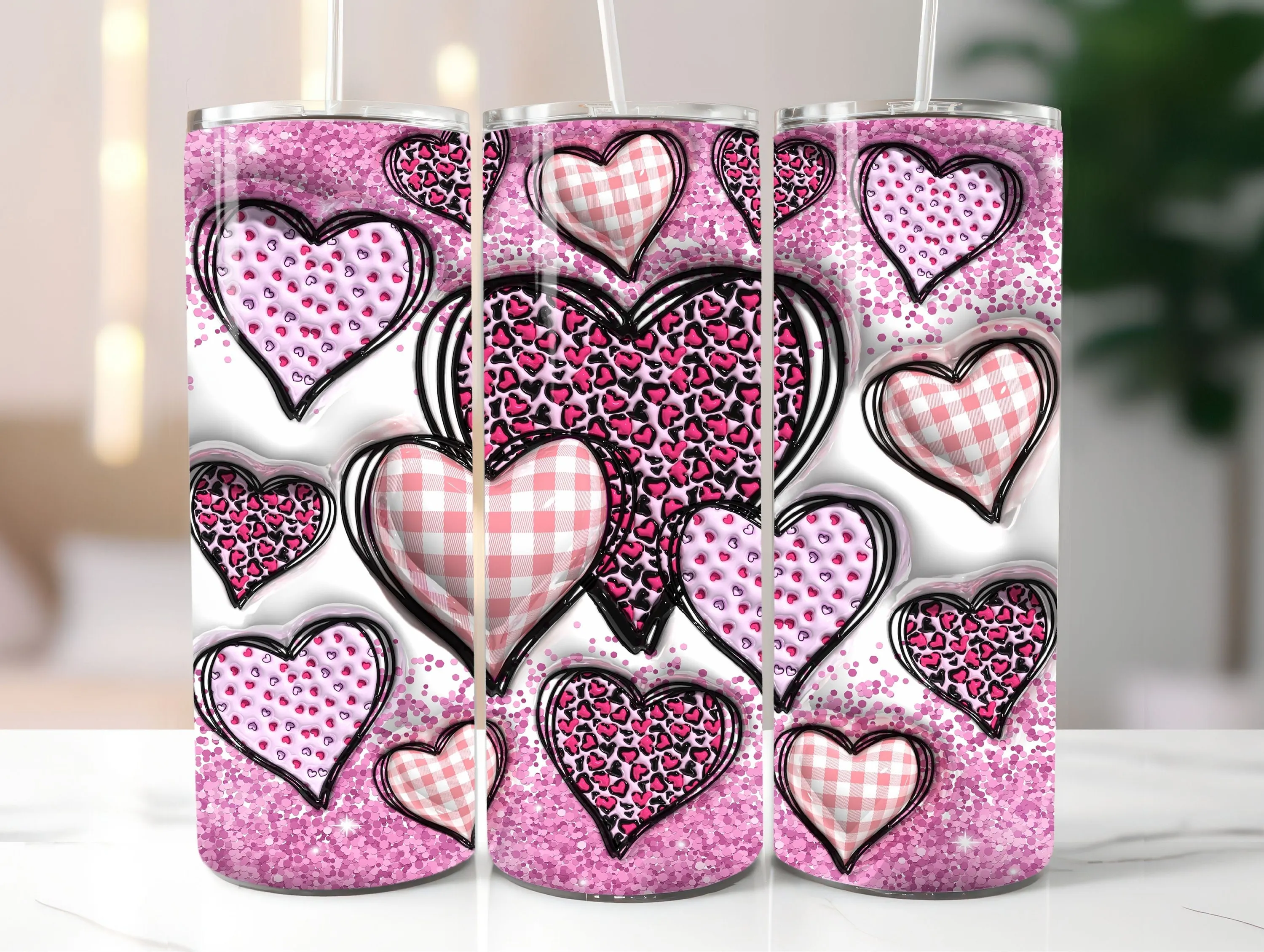 3D Pink Glitter Valentine's Day Inflated Tumbler Wrap, 3D Puffy Leopard Print PNG, Hearts 20oz Tumbler Sublimation Design, Instant Download