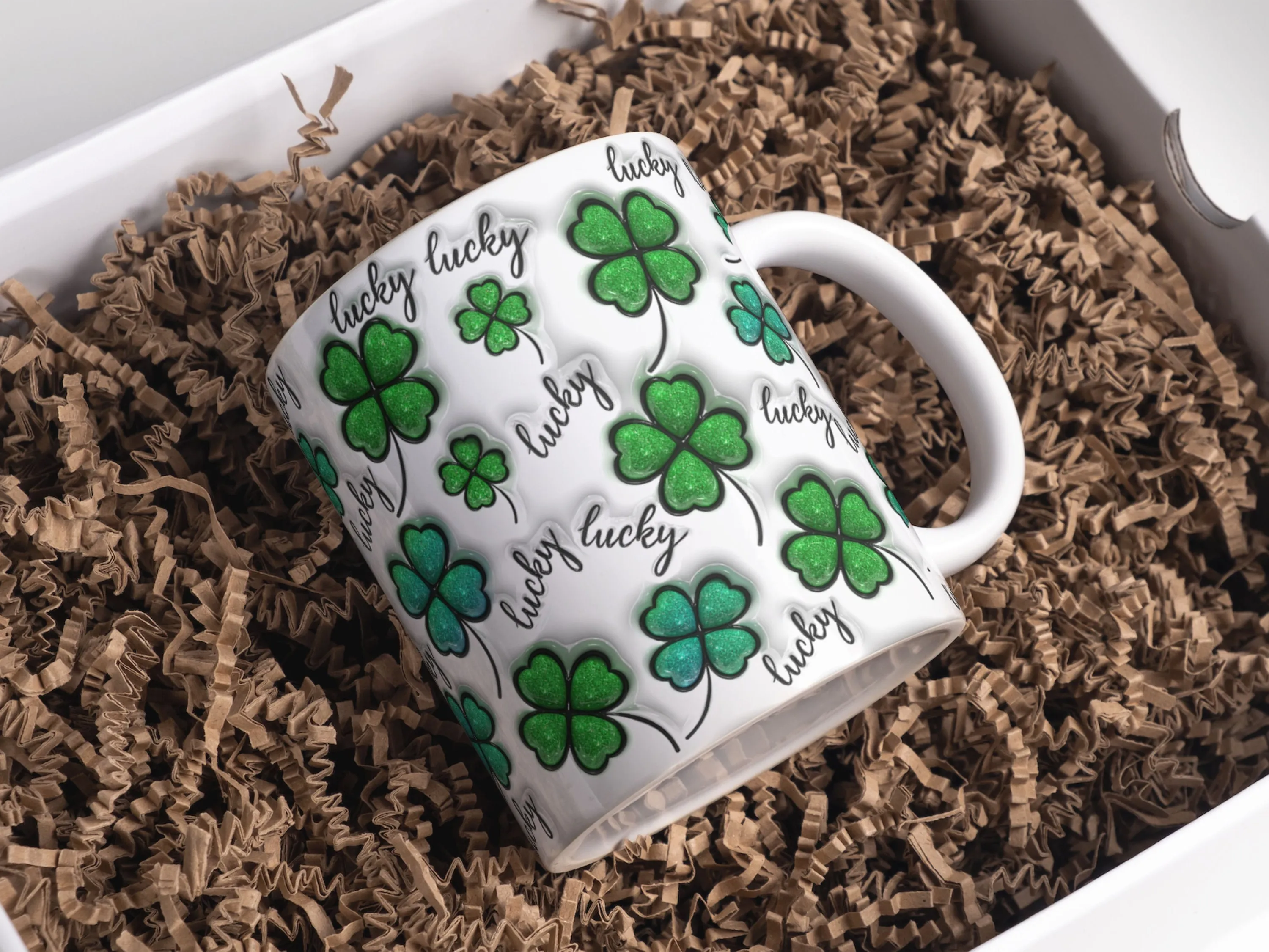 3D Lucky Four Leaf Glitter Clover Inflated Mug Wrap Sublimation Design 11oz & 15oz, Puffy St Patrick's Day Mug PNG, Mug Sublimation Designs