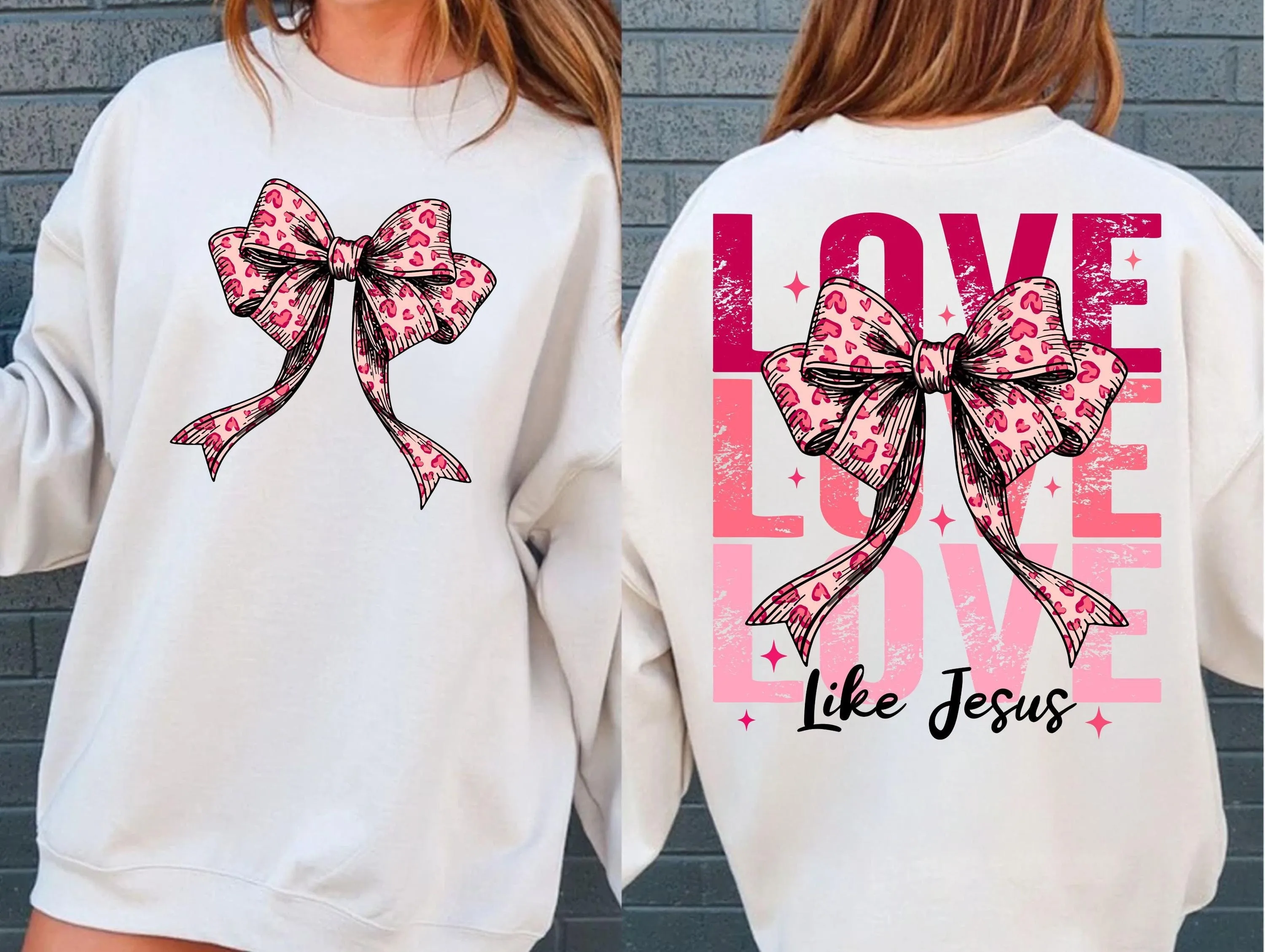 Love Like Jesus Pink Bow Hearts Christian T-shirt Design | Religious Valentine Distressed Shirt Design | Faith Apparel Digital Download PNG