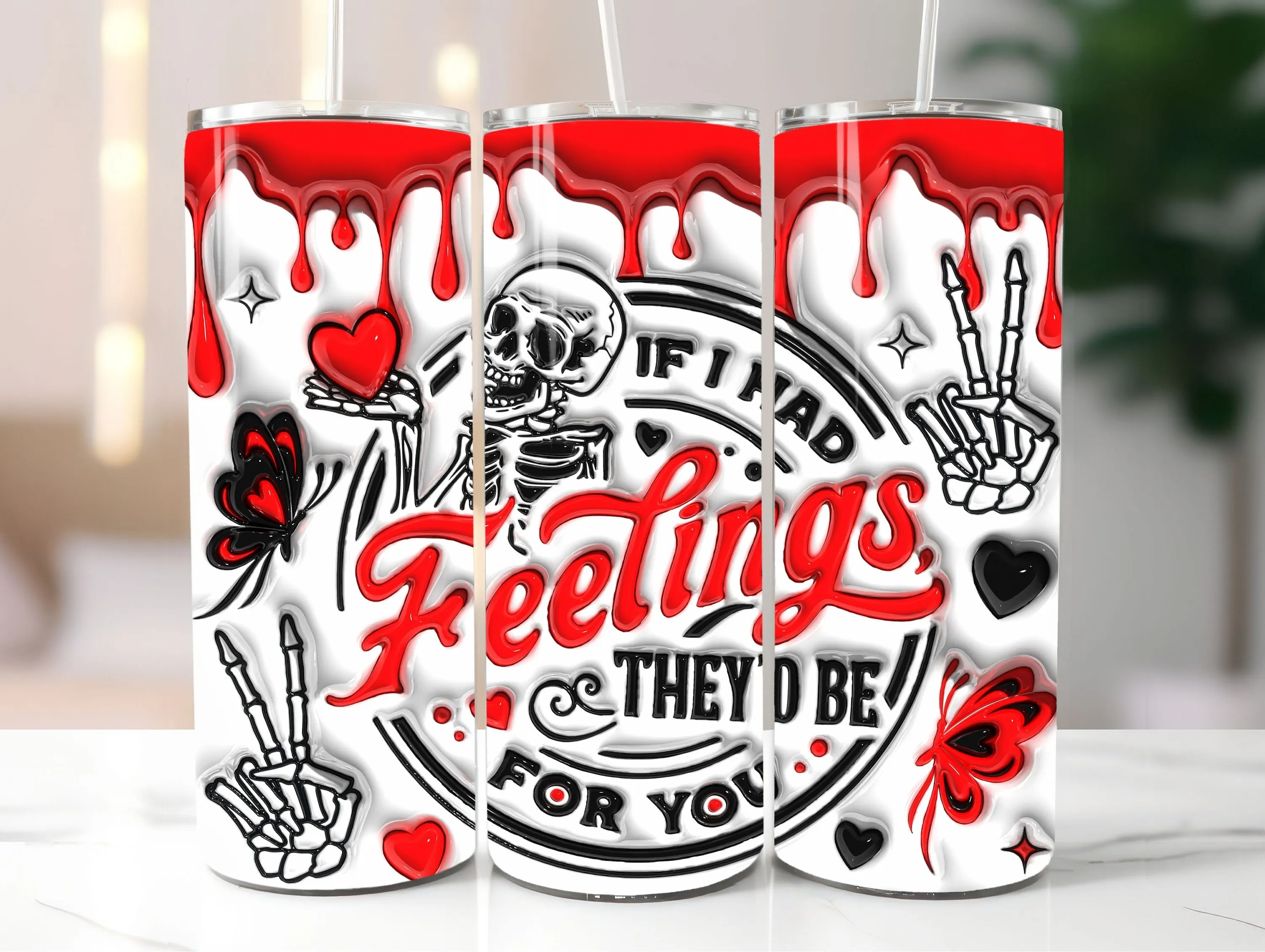 3D Red If I Had Feelings They'd Be For You Inflated Tumbler Wrap, 3D Funny Skeleton Valentines Day 20oz Skinny Tumbler Sublimation Design
