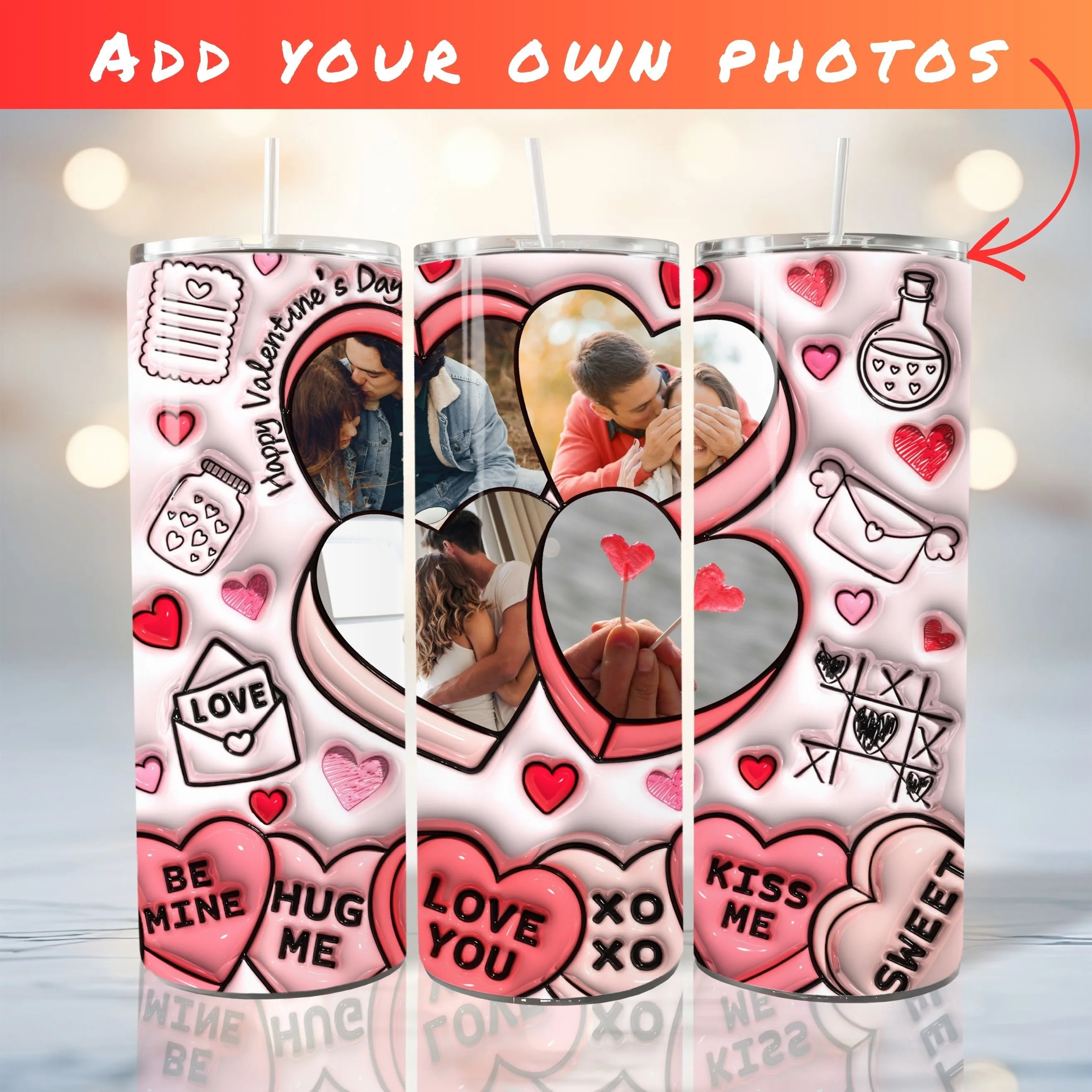 3D Add own photo Valentine's Day Inflated Tumbler Wrap PNG - 3D Puffy Hearts Saint's Day 20oz Tumbler Sublimation Design - Digital Download