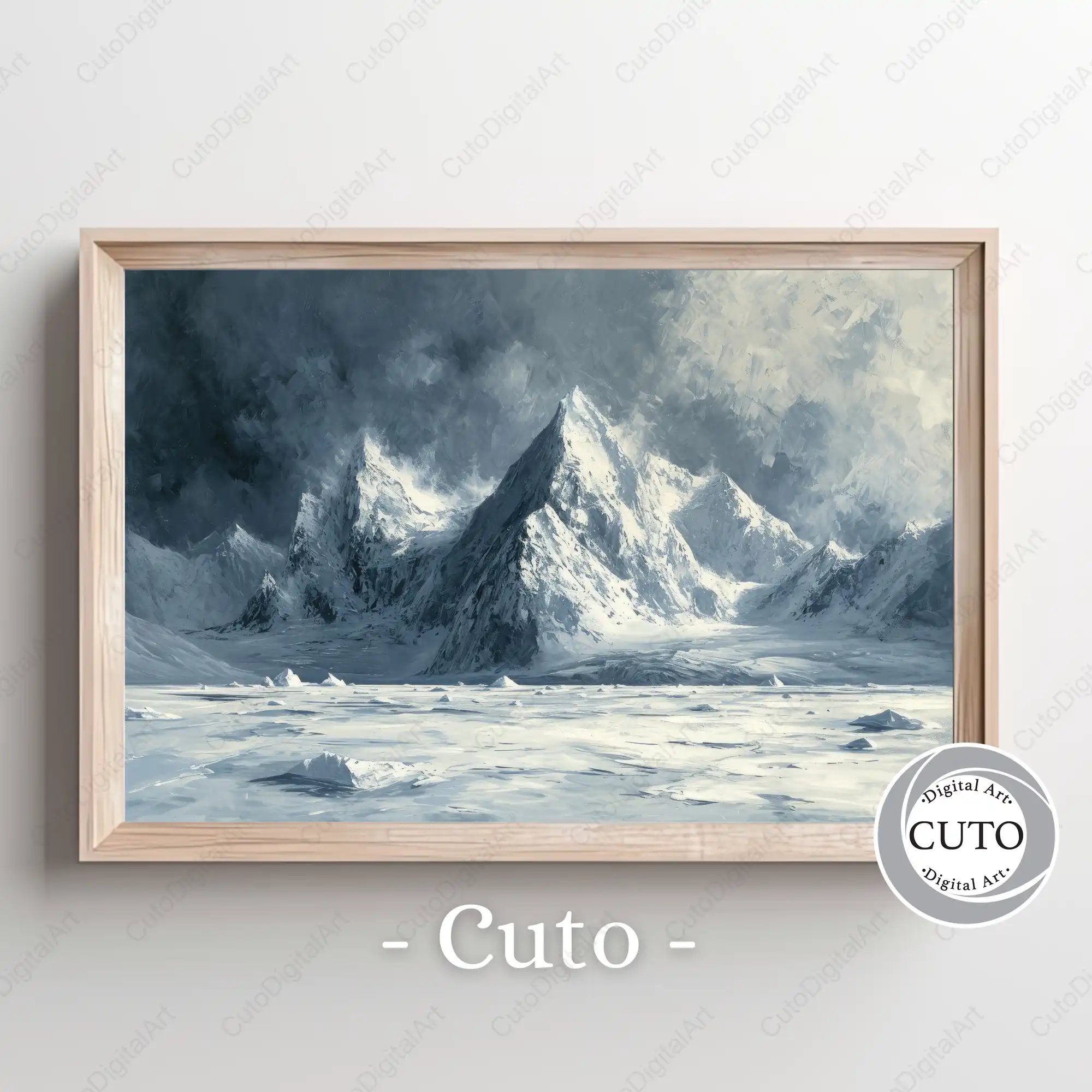 Dramatic Snow Mountain Landscape Wall Art Print with Stormy Sky & Arctic Peaks - JPG Digital Download
