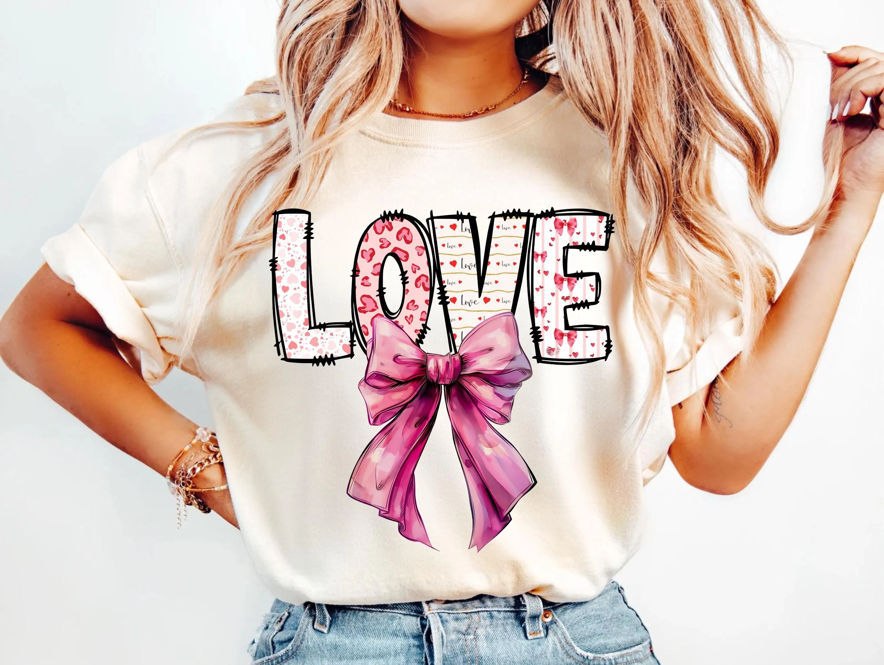 Valentine Love Letters Pink Bow Design | Hearts Pattern Sublimation Transfer for T-shirts Sweatshirts | Pink Valentine Coquette Digital PNG