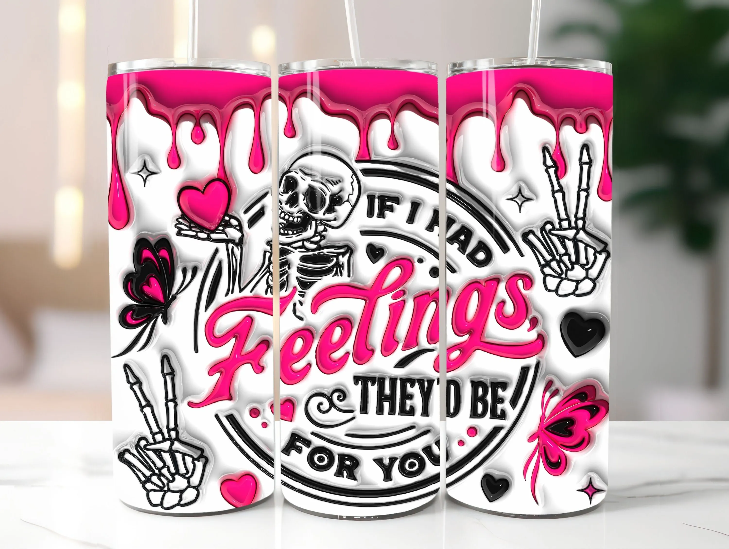 3D Pink If I Had Feelings They'd Be For You Inflated Tumbler Wrap, 3D Funny Skeleton Valentines Day 20oz Skinny Tumbler Sublimation Design
