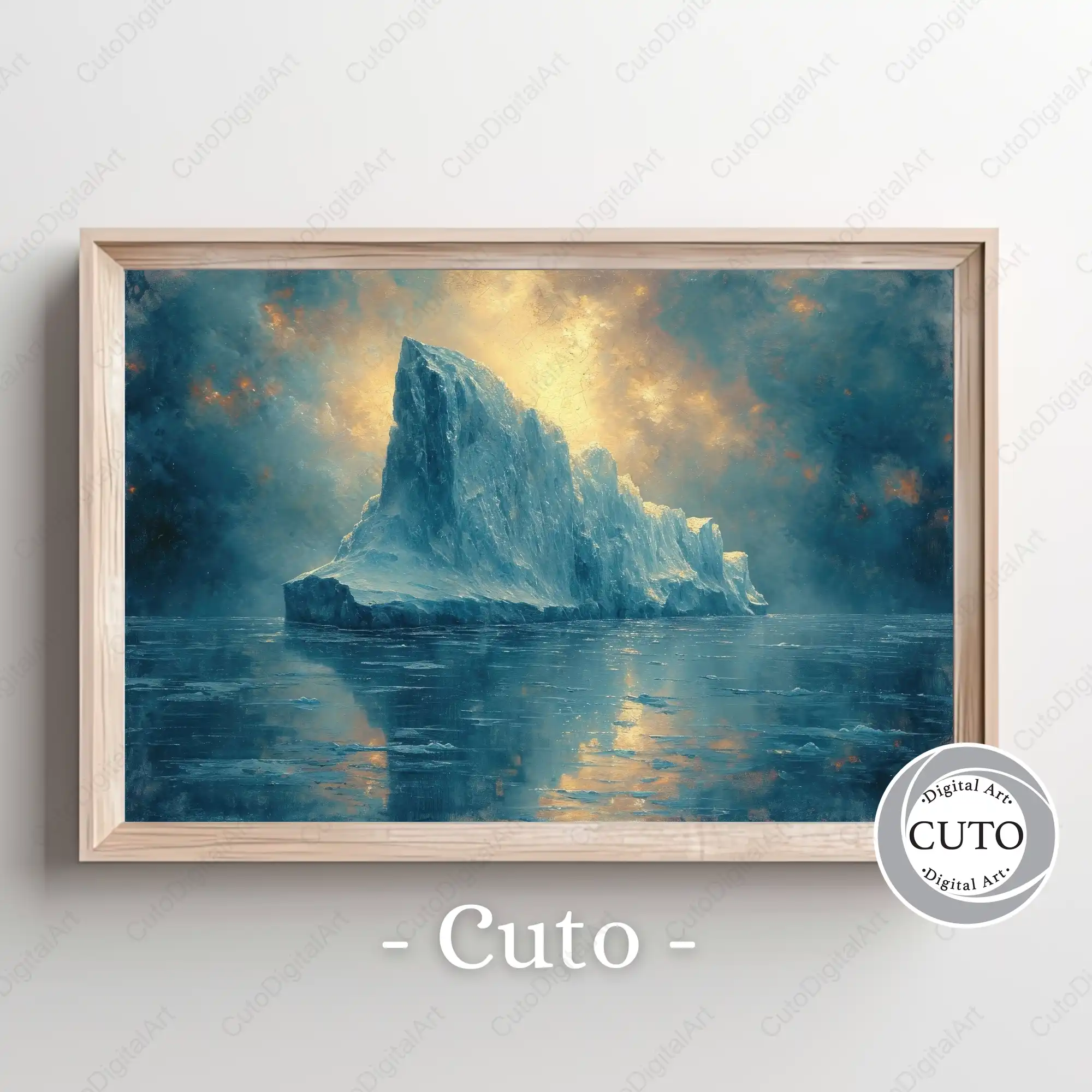 Dramatic Iceberg Seascape Wall Art Print with Golden Sky and Blue Ocean Waters - JPG Digital Download