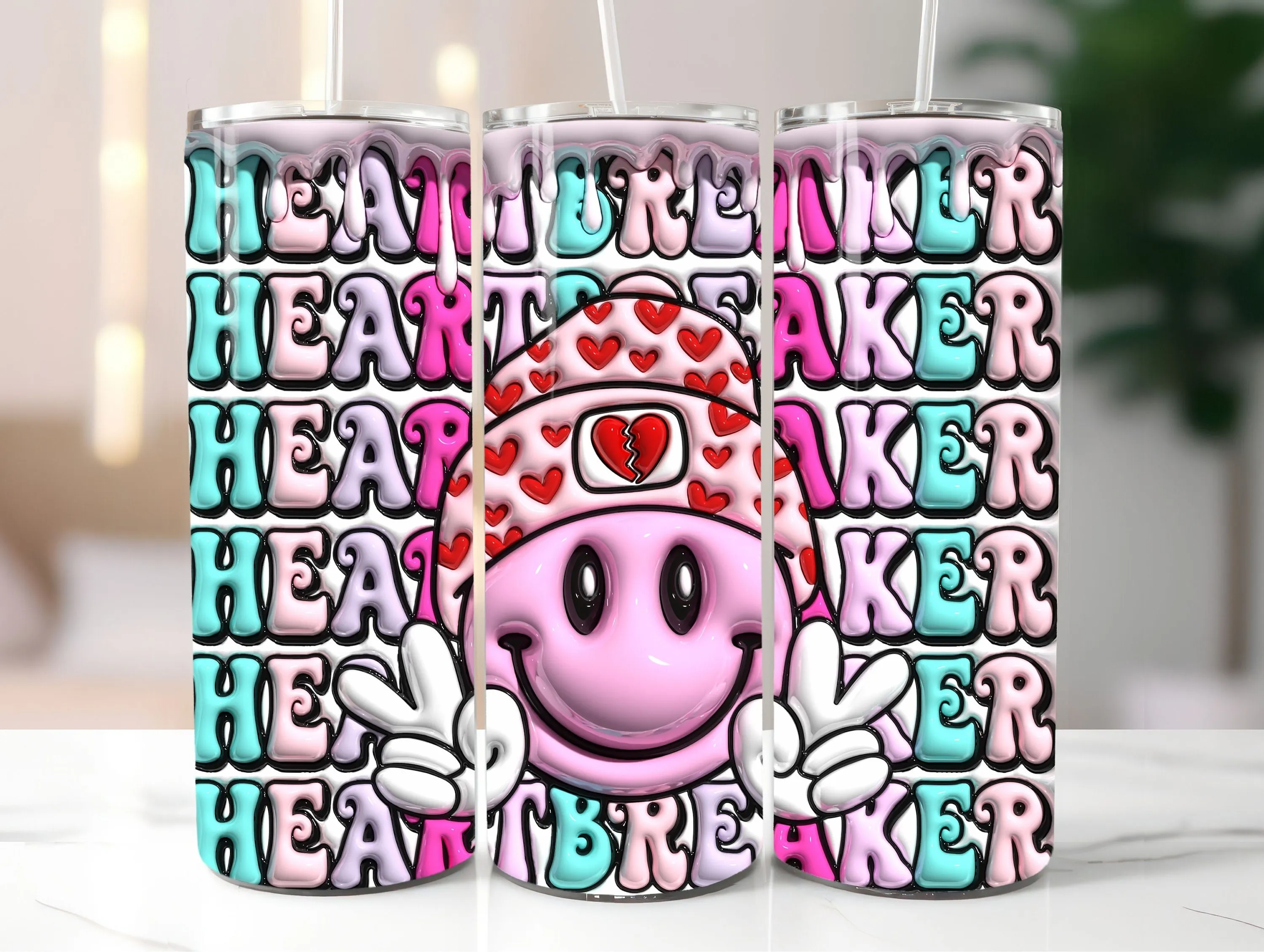3D Retro Heart Breaker Inflated Tumbler Wrap PNG - 3D Puffy Valentine's Day Hearts Digital Design - Saint's Day 20oz Tumbler Sublimation