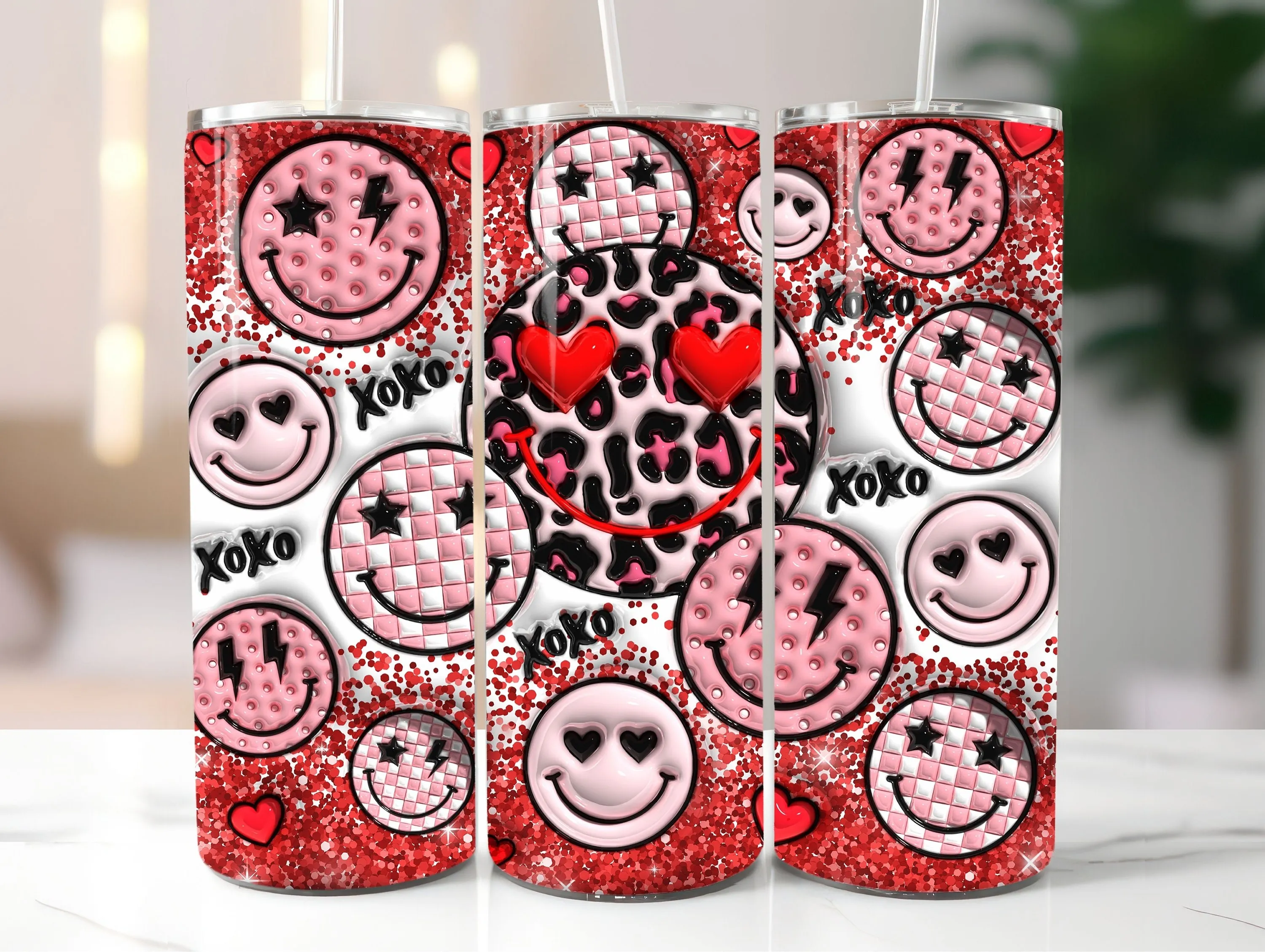 3D Red Glitter Retro Smiley Face Inflated Tumbler Wrap PNG - 3D Puffy Valentine's Day Digital Design - Saint's Day 20oz Tumbler Sublimation