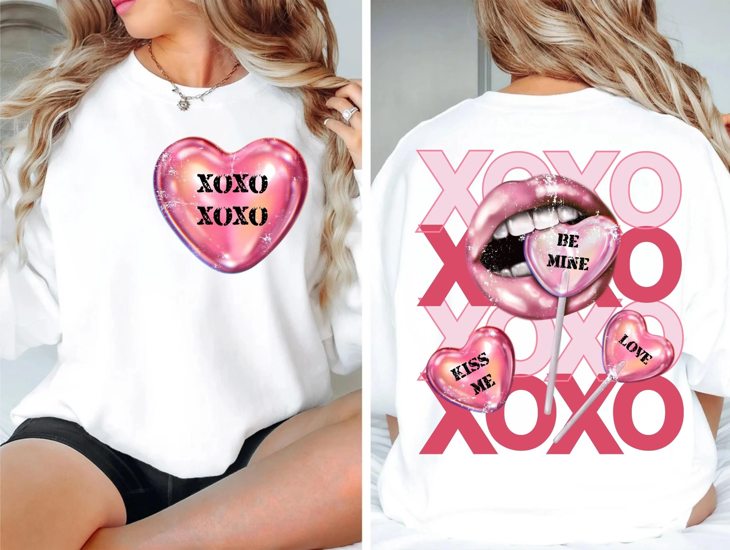 Valentine Pink Lips XOXO Heart Candy Lollipop Design | Pink Holographic Sublimation | Be Mine Kiss Me Love PNG Download T-shirts Sweatshirts