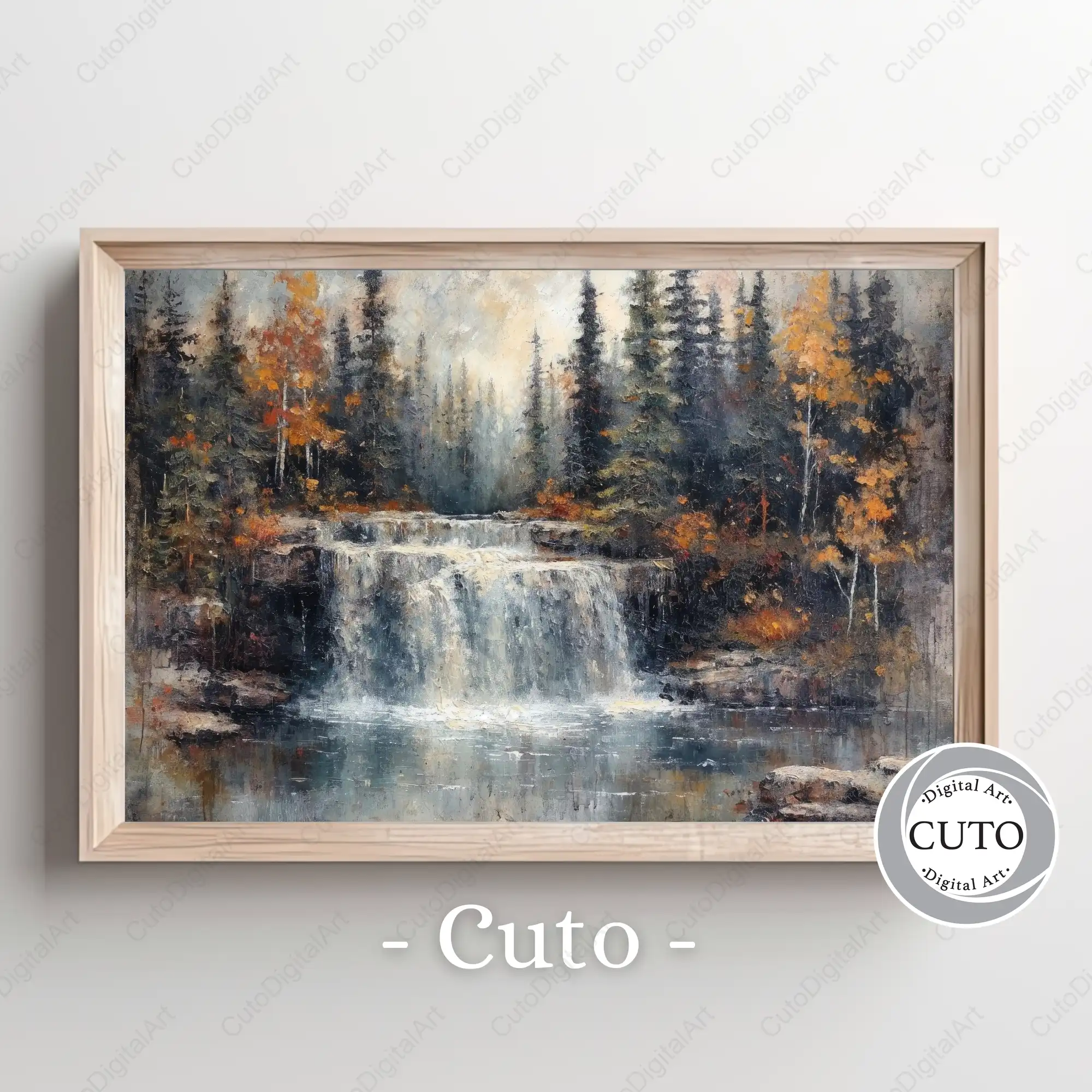 Autumn Waterfall Forest Landscape Wall Art Print with Misty Trees & Fall Colors - JPG Digital Download