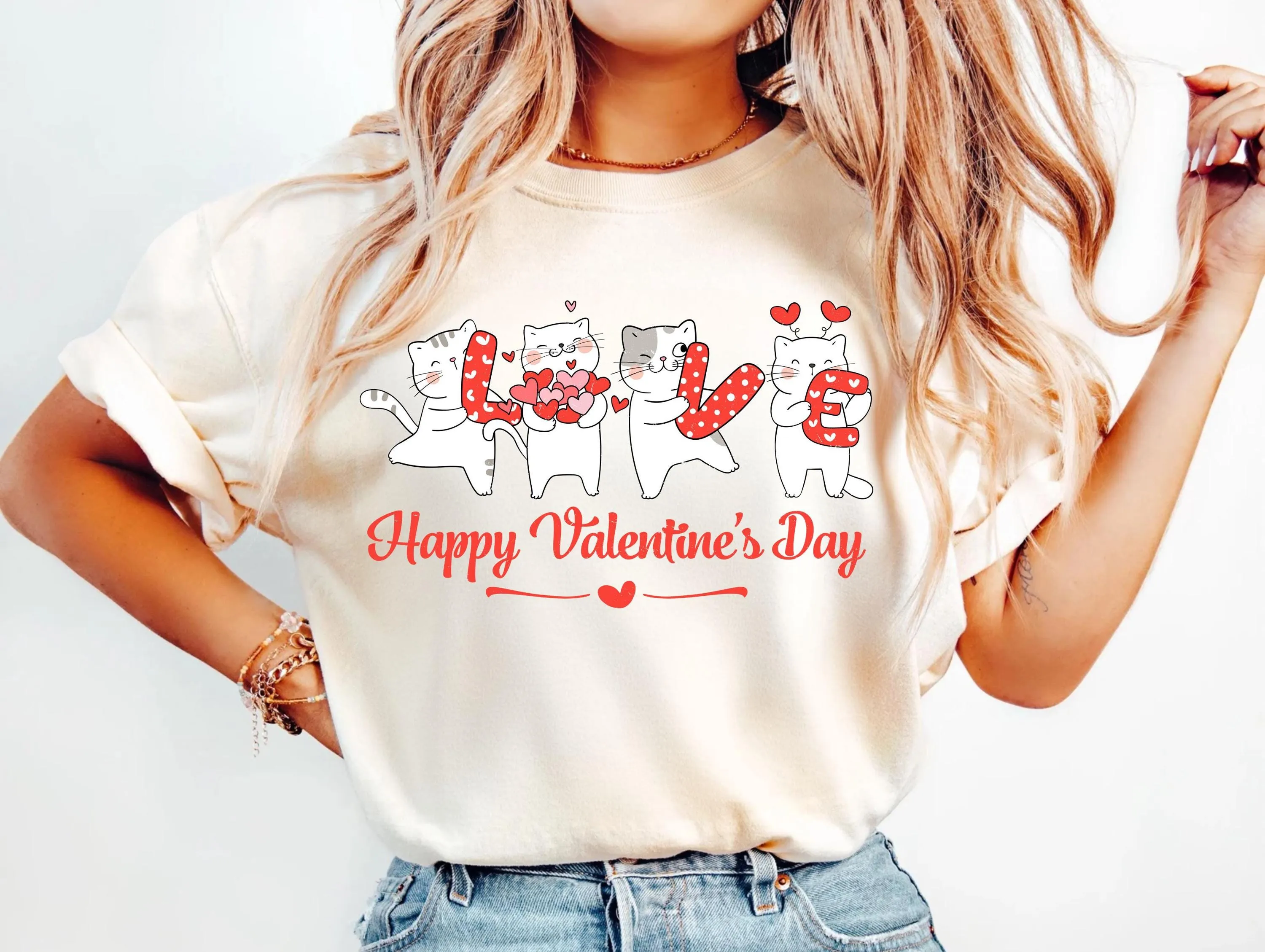 Valentine's Day Cats Love Letters Design | White Cats Red Hearts Digital Download for T-shirts Sweatshirts | Cute Cat Lover Sublimation PNG