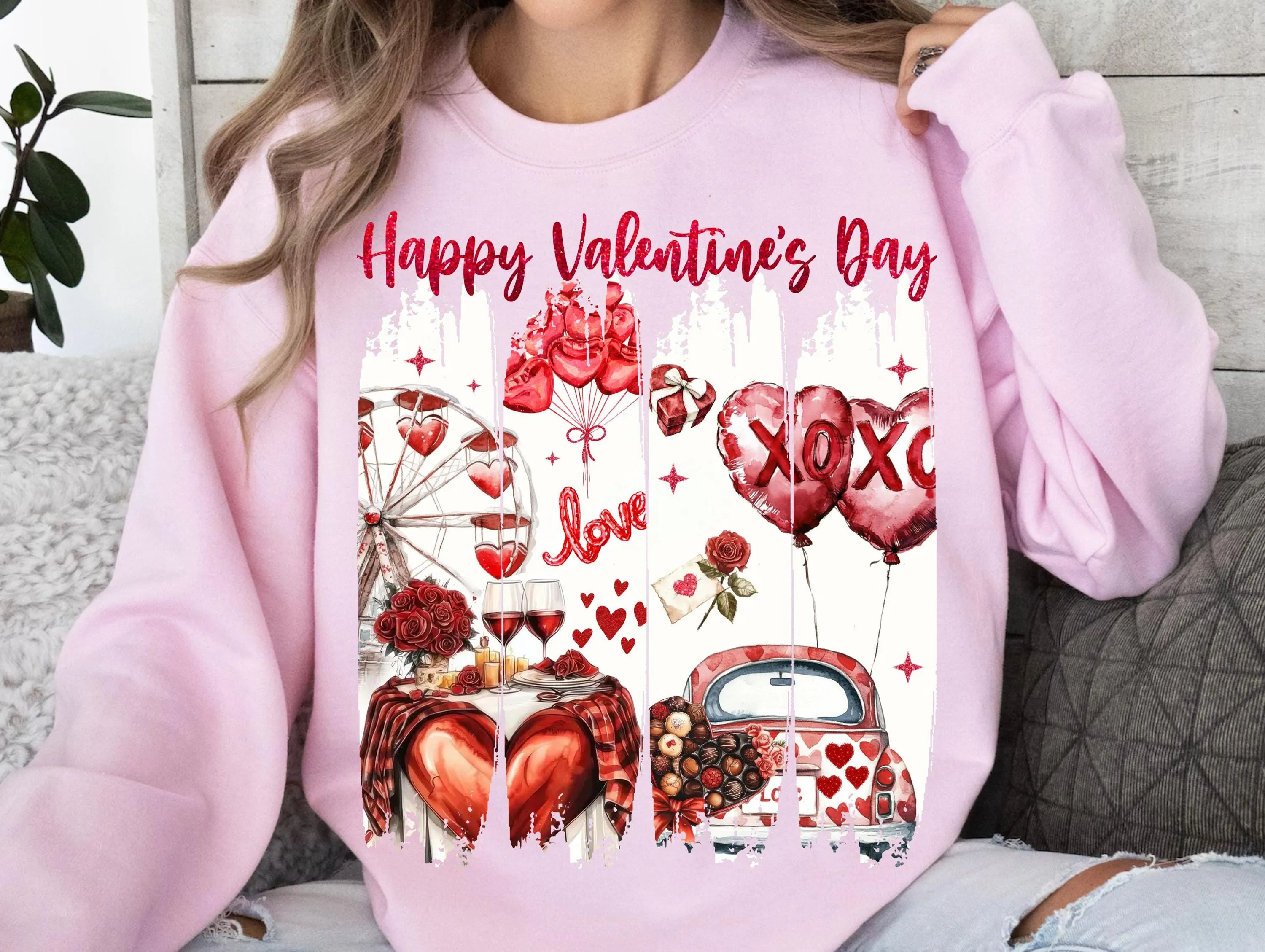 Valentine's Day Red Hearts Design | Love Truck XOXO Balloons Roses Wine Romantic Dinner | Sublimation Transfer PNG for T-shirts Sweatshirts