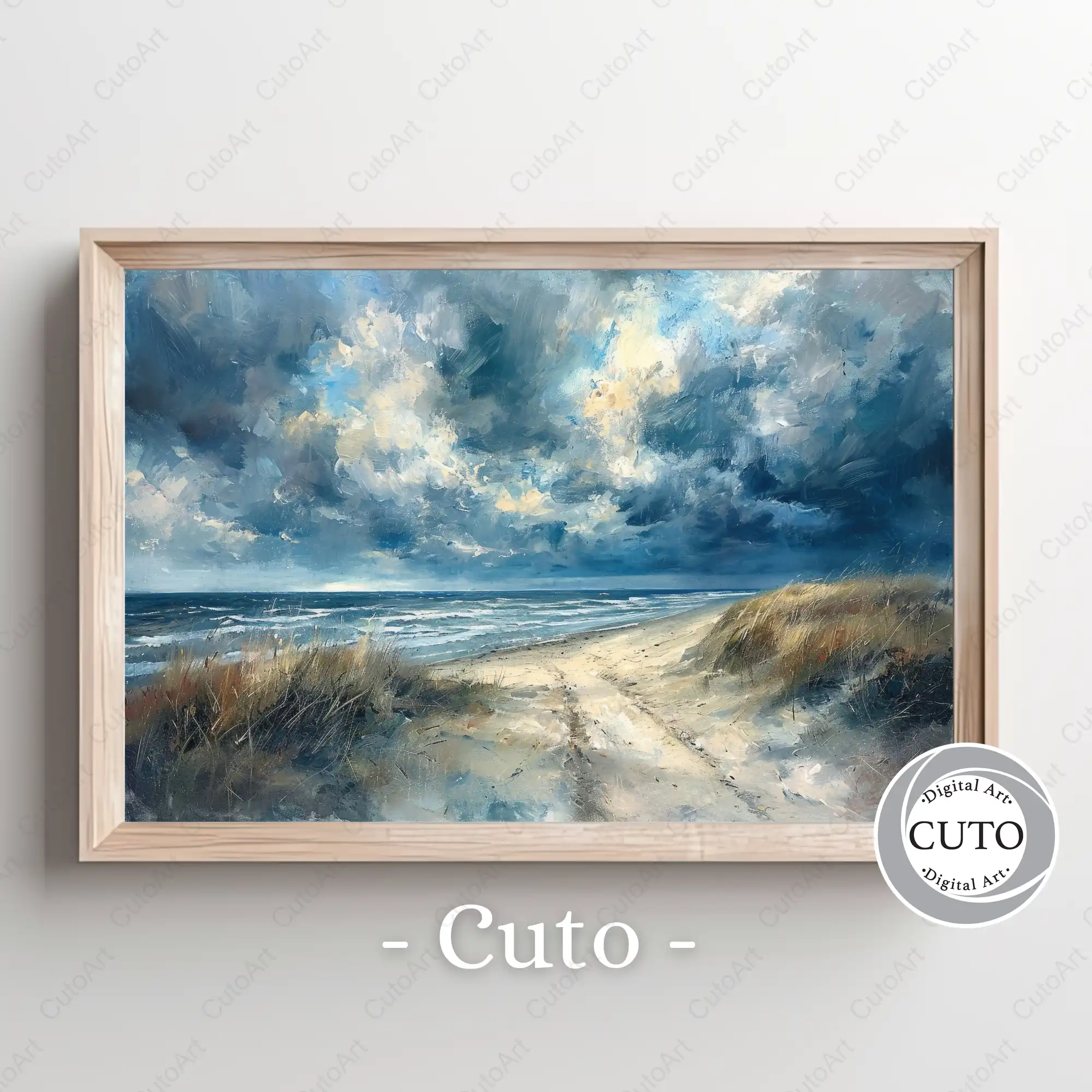 Dramatic Coastal Beach Path Wall Art Print with Stormy Sky & Ocean Waves - Moody Seascape JPG Digital Download