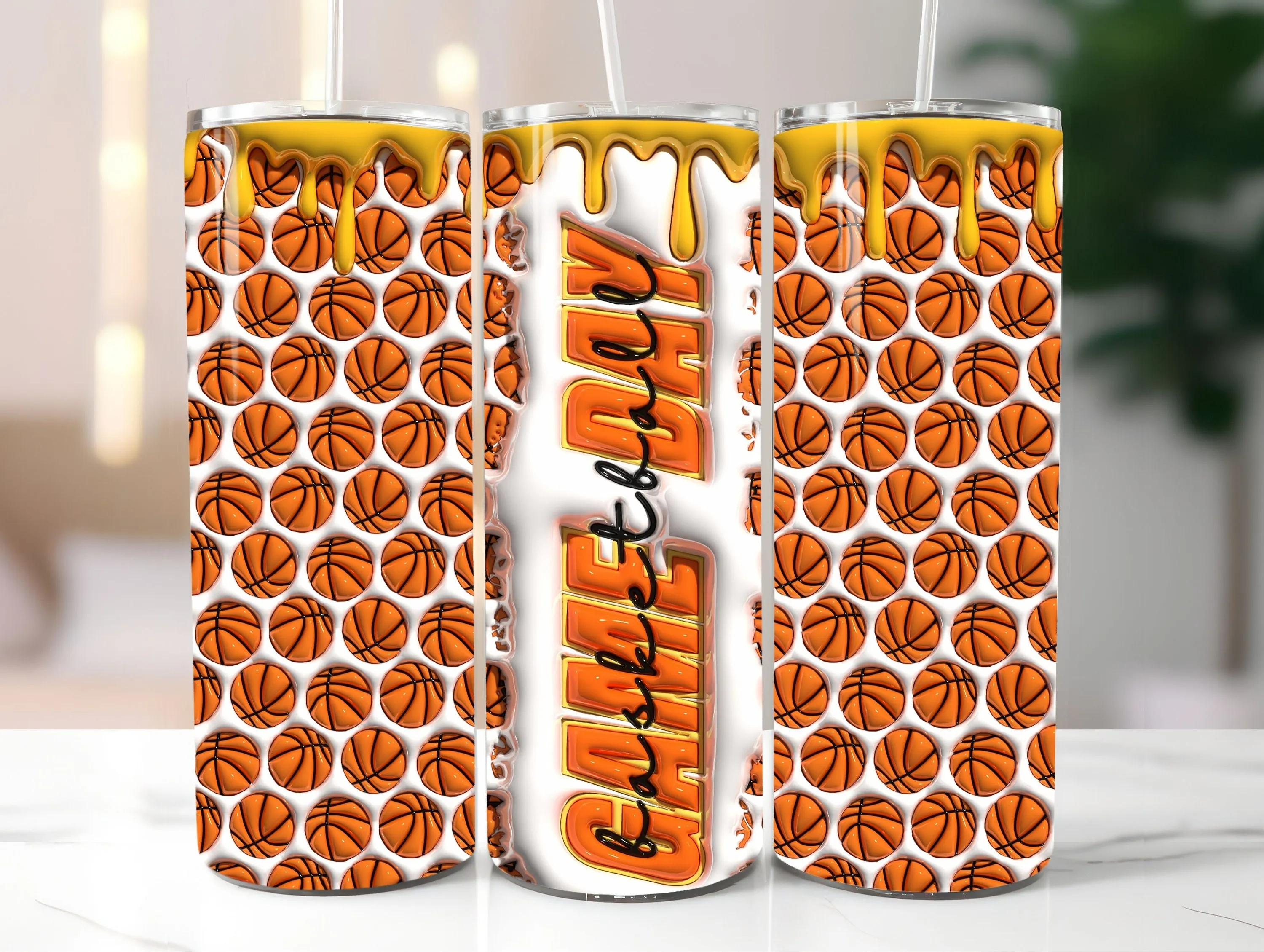 3D Orange & White Basketball Inflated Tumbler Wrap PNG - 3D Puffy Game Day 20oz Skinny Tumbler Sublimation Design - Instant Digital Download