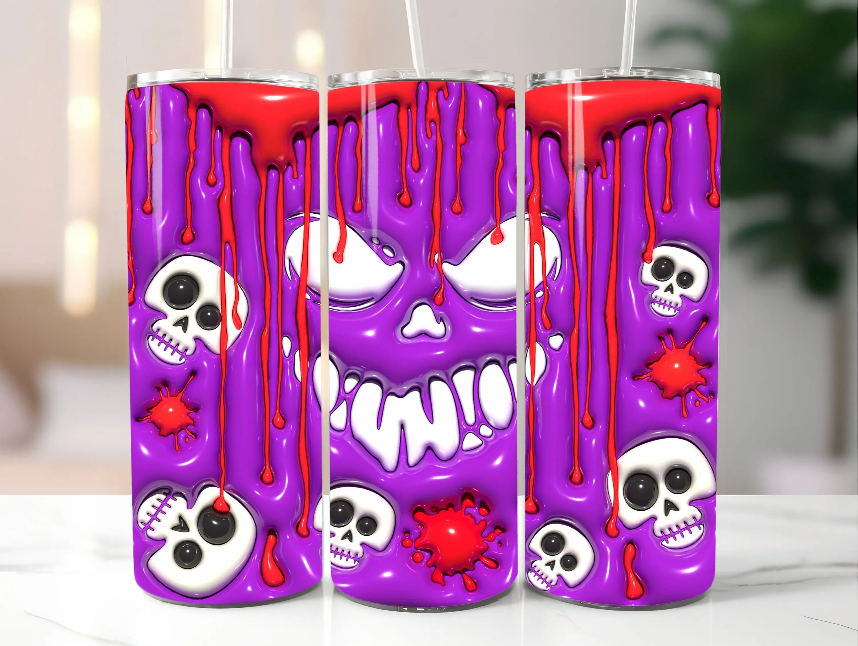 3D Purple Horror Halloween Inflated Tumbler Wrap PNG - 3D Puff Horror Face 20oz Skinny Tumbler Sublimation Design - Instant Digital Download