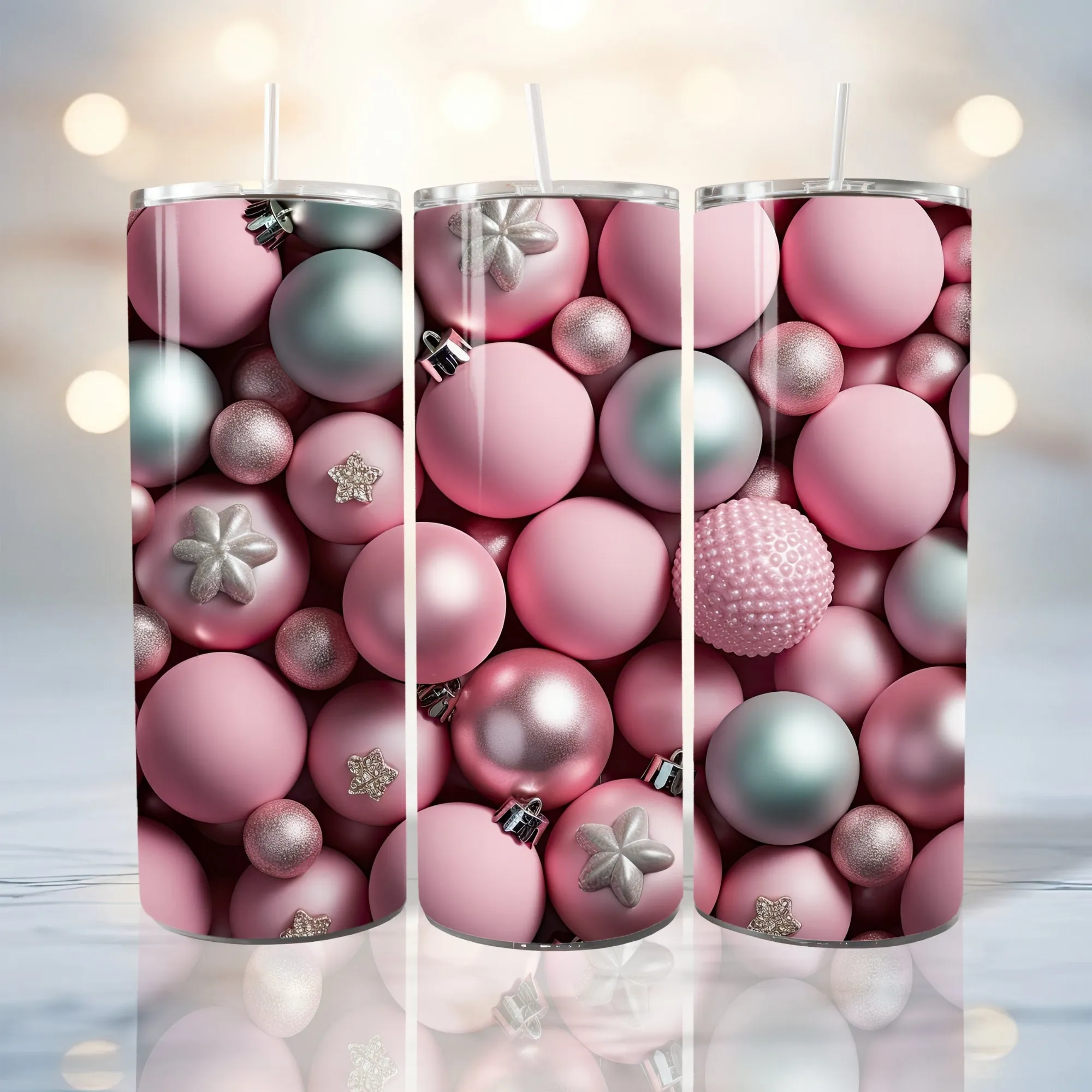 3D Christmas Tree Toys, Pink Turquoise Tumbler Wrap, 20oz Tumbler & 30oz Tumbler, 3D Tumbler Wrap Sublimation Design, Skinny Tumbler Wrap
