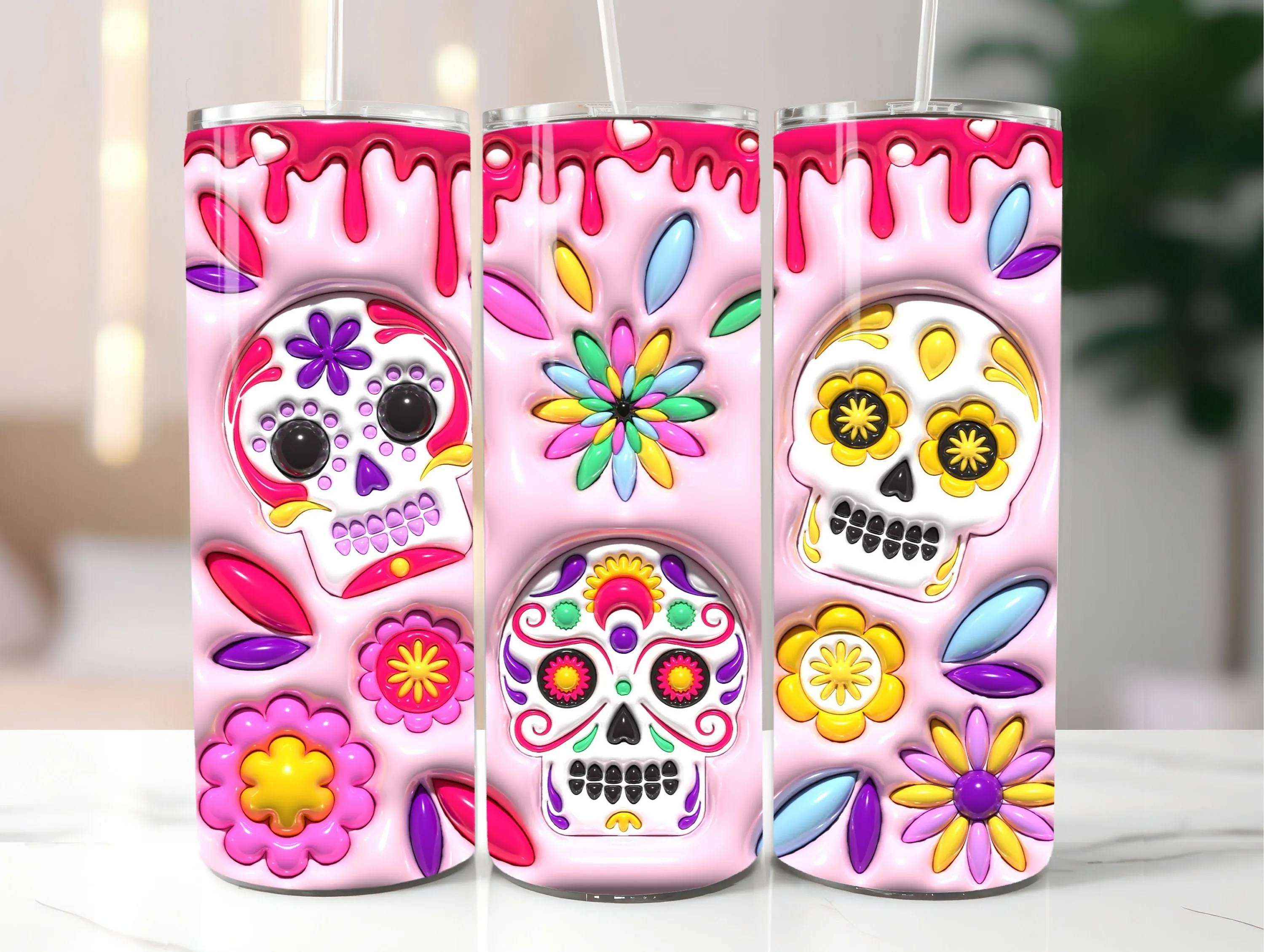 3D Colorful Sugar Skull Inflated Tumbler Wrap PNG - 3D Day of Dead Puff 20oz Tumbler Sublimation Design - Instant Digital Download