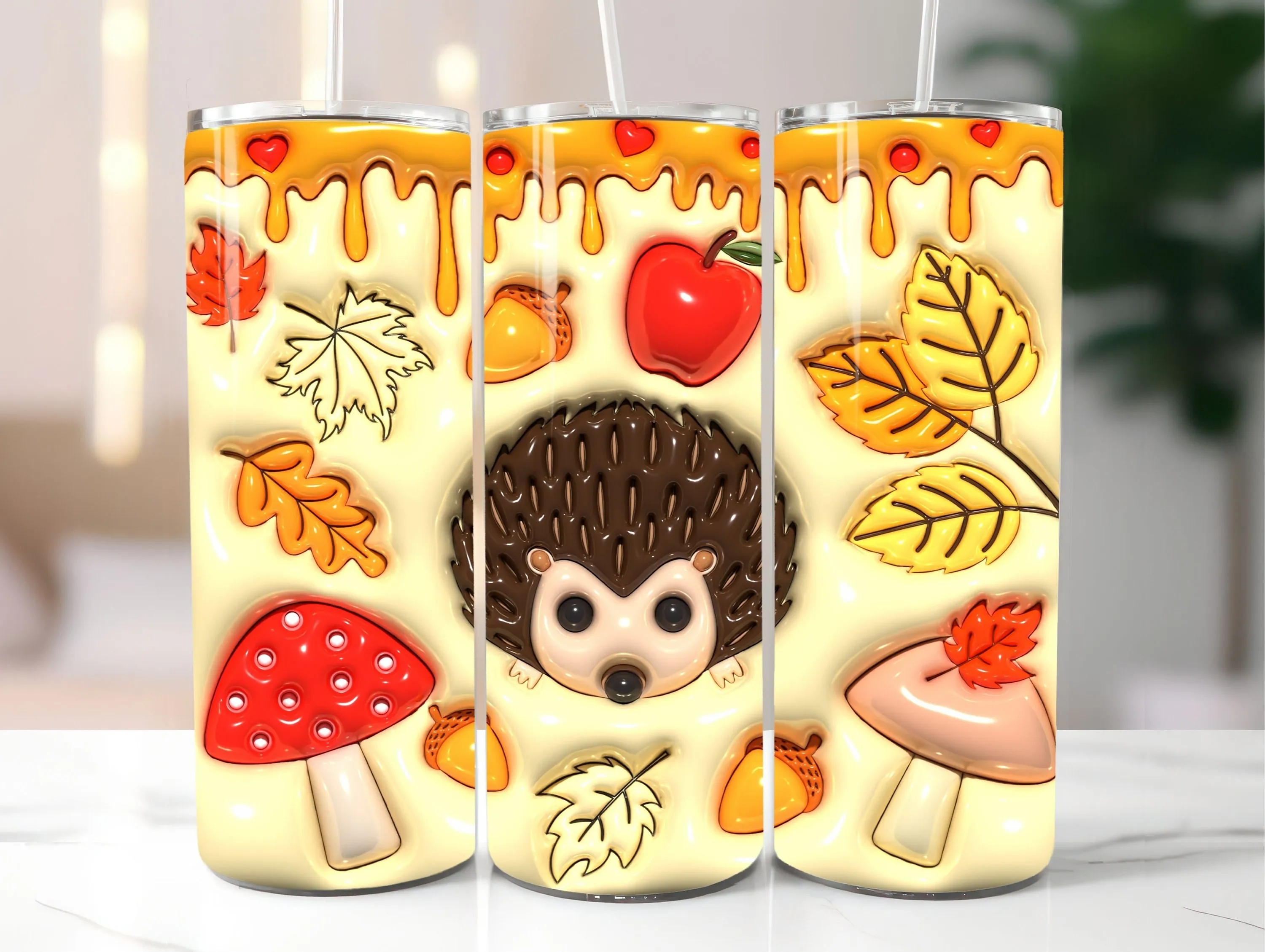 3D Cute Hedgehog Inflated Tumbler Wrap PNG - 3D Puff Fall Autumn 20oz Tumbler Sublimation - Skinny Tumbler Wrap - Instant Digital Download