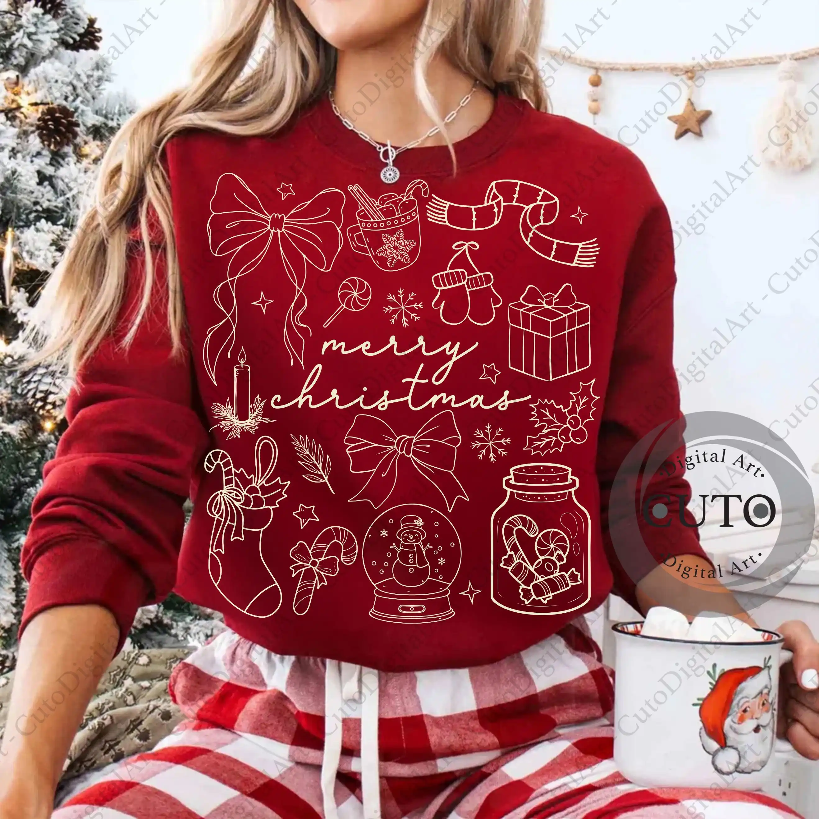 Merry Christmas Doodle T-Shirt Design Bundle - 4 Hand Drawn Holiday PNG Files for Xmas Shirts & Sweatshirts - Red, Black, Biege and Green