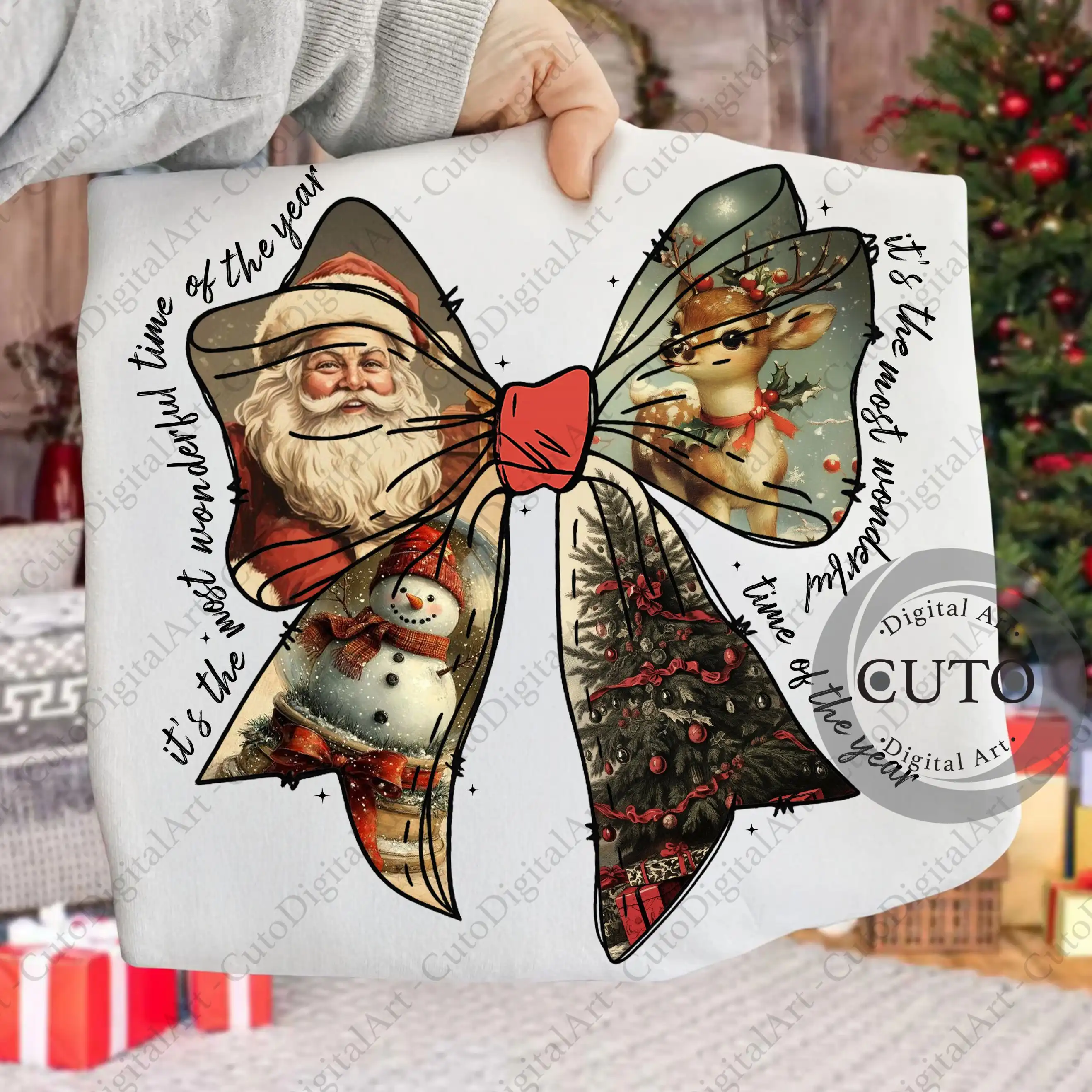 Vintage Christmas Bow Design for T-Shirt and Sweatshirt - Retro Santa Snowman Reindeer Xmas Apparel - 2 PNG Files
