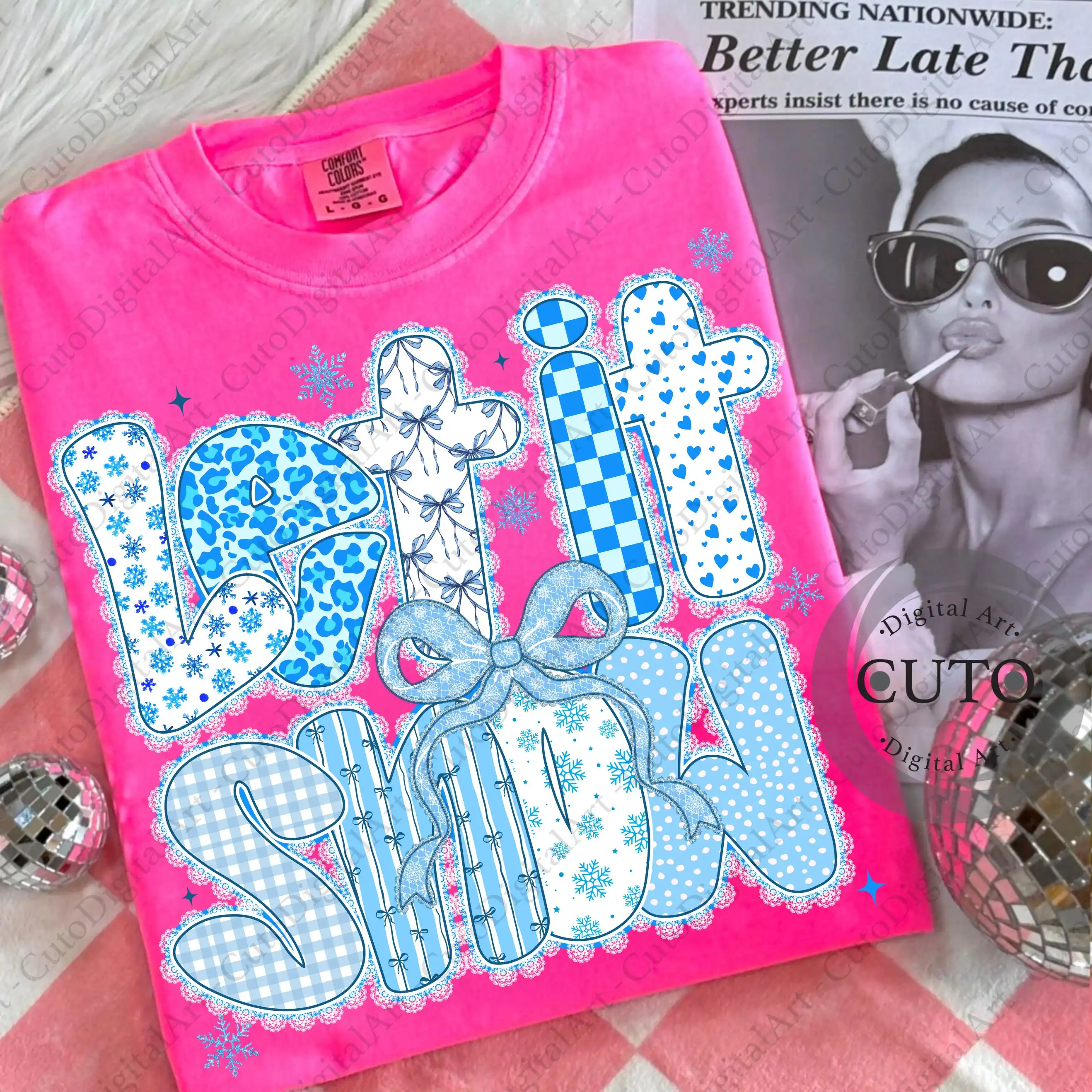 Let it Snow Winter Christmas T-Shirt Design with Blue Snowflakes & Decorative Lace Patterns - Xmas Holiday PNG Digital Download