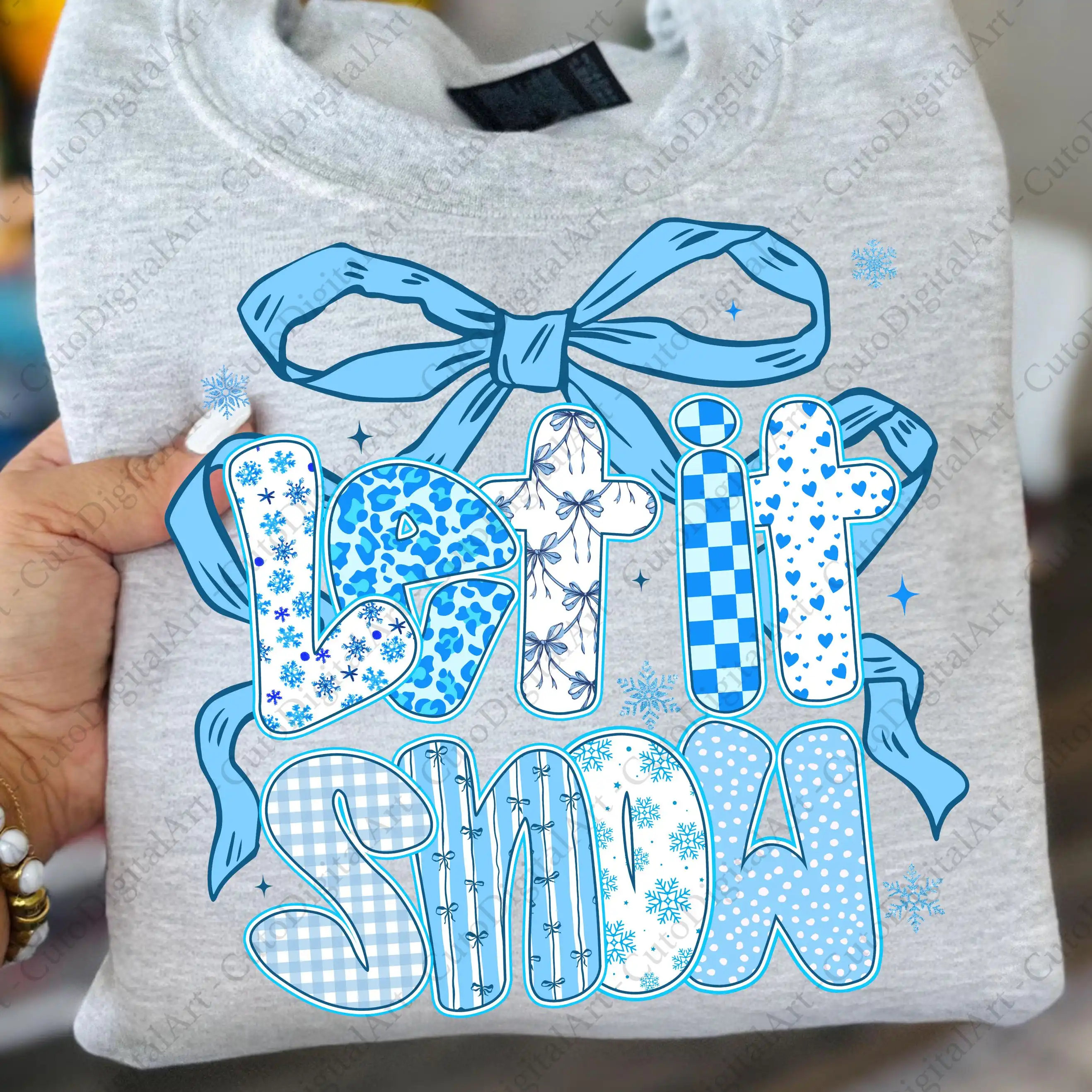 Trendy Let it Snow Winter T-Shirt Design with Coquette Blue Patterns & Bow - Cute Xmas Holiday PNG Digital Download