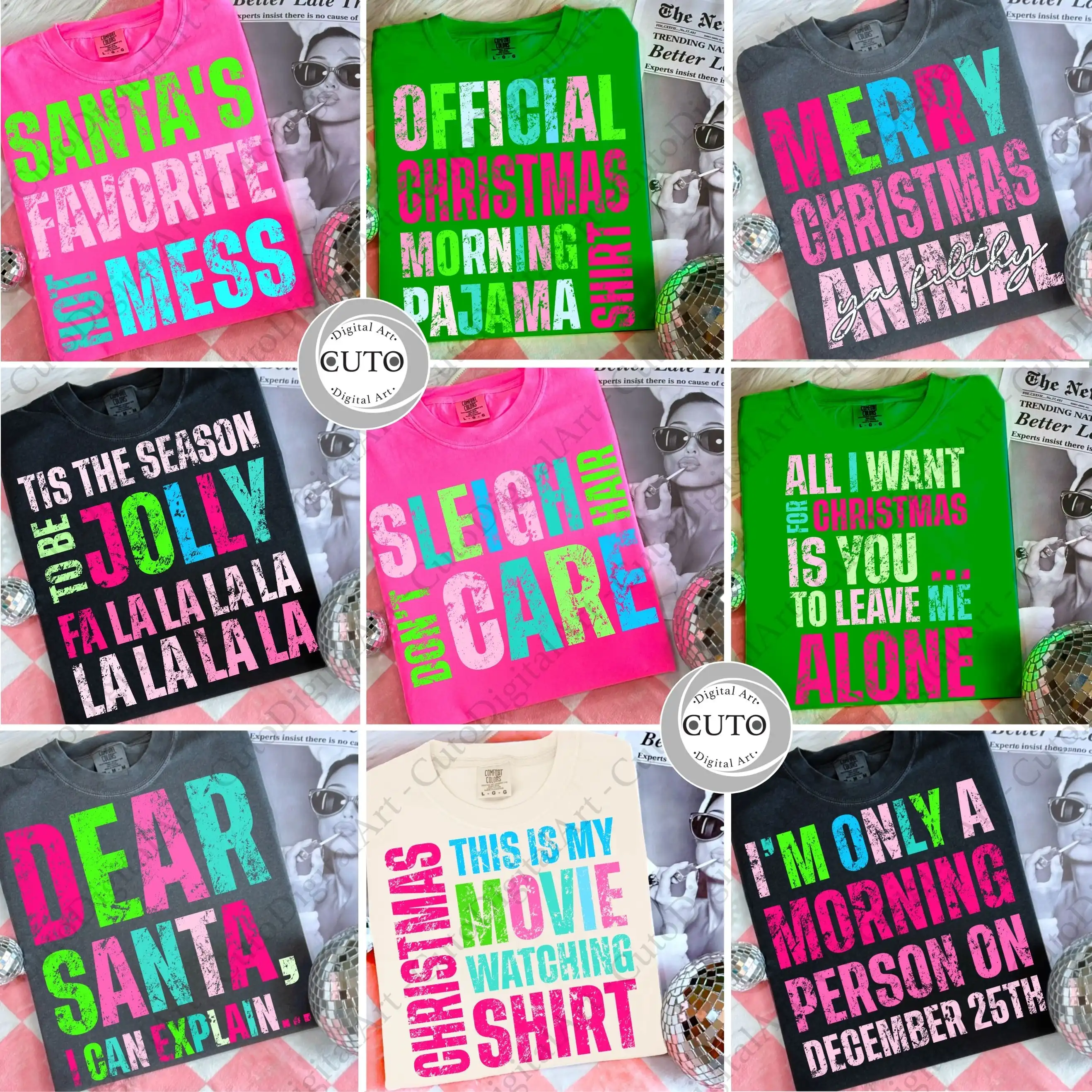 Funny Christmas Sassy Quote T-Shirt Design Bundle - 9 Trendy Xmas Sayings with Distressed Style - Holiday PNG Files
