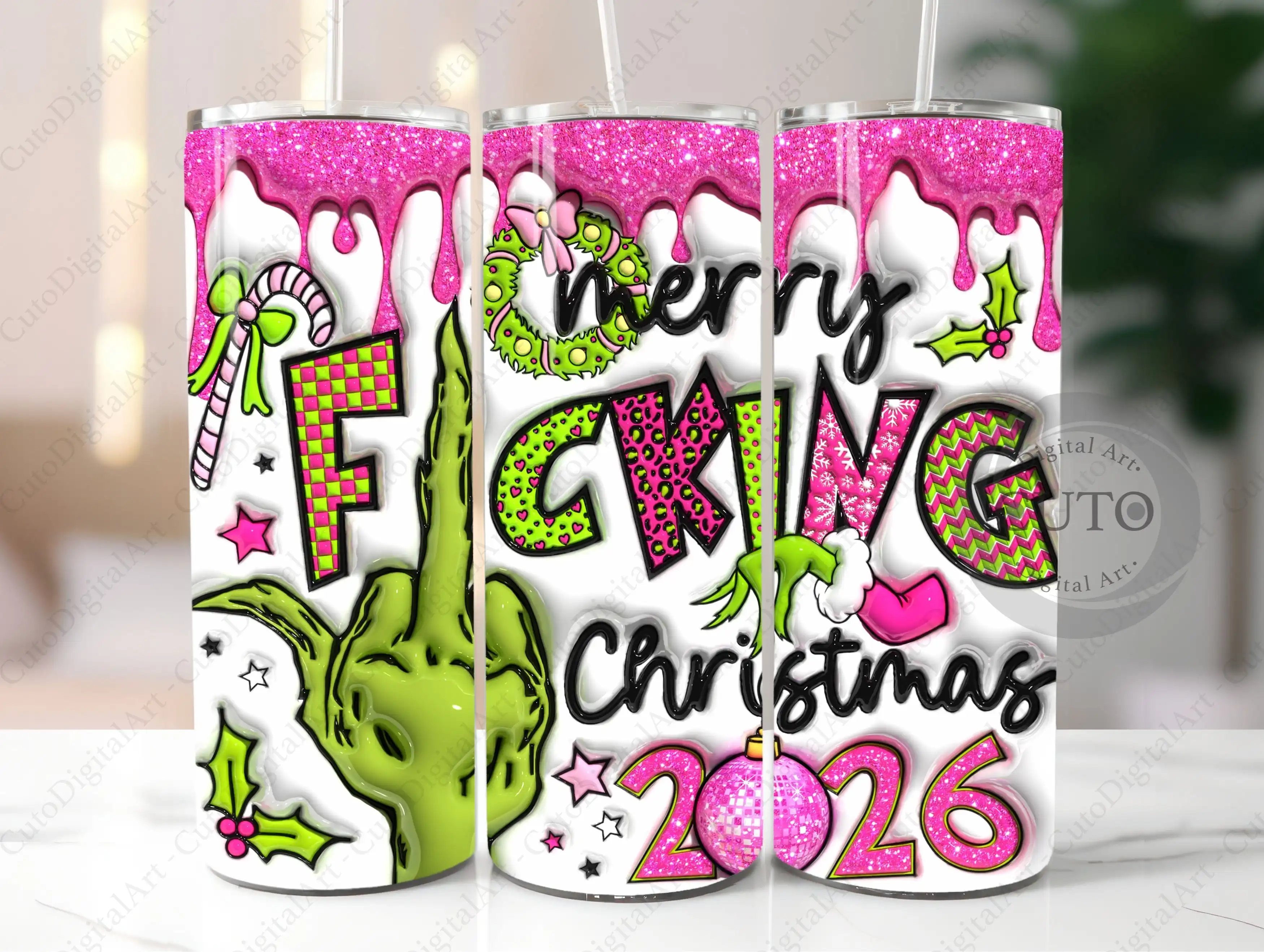 Funny "Merry F#cking Christmas 2026" Inflated Tumbler Wrap Design - Trendy Sassy Xmas 20oz Puffy PNG Digital Download