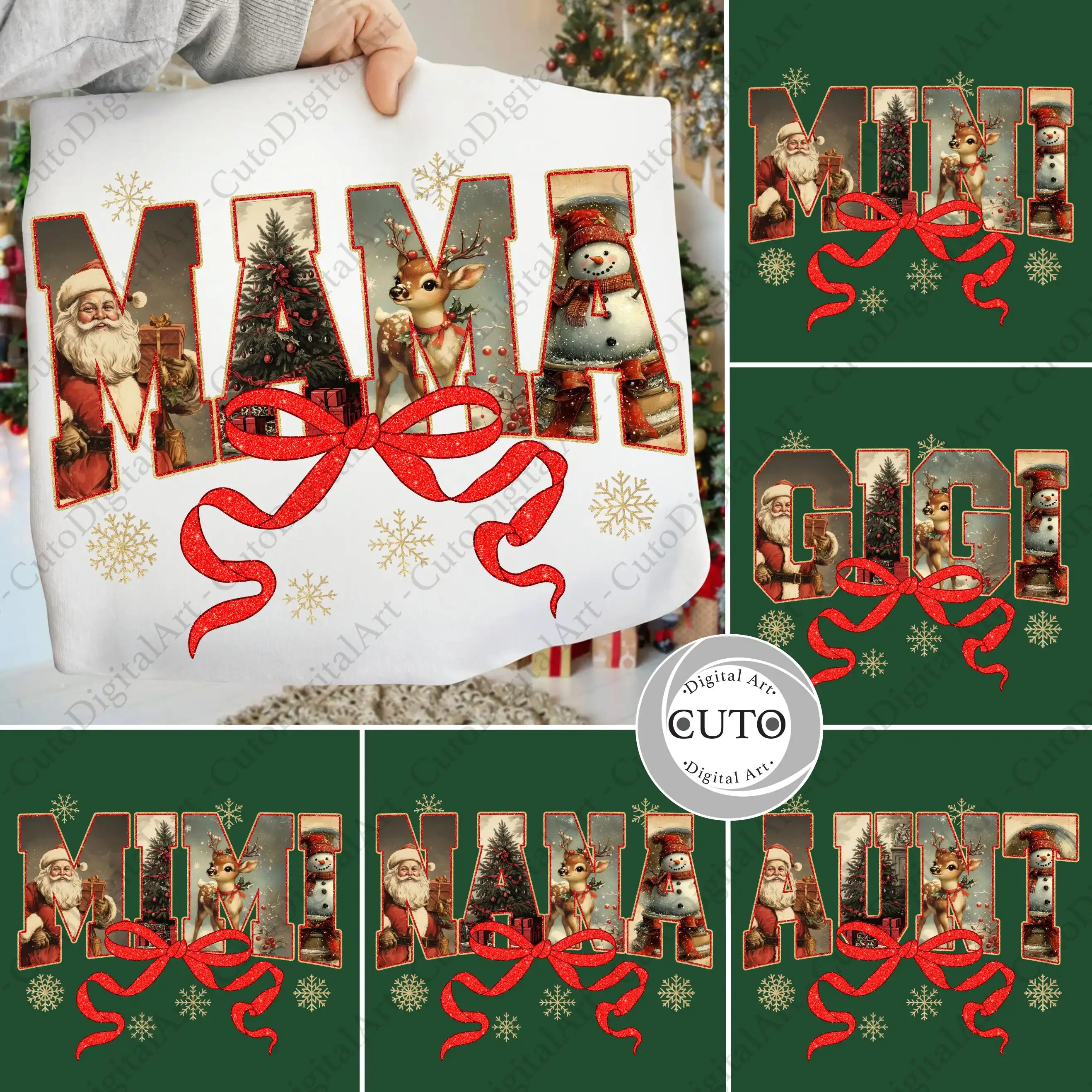 Christmas Coquette Family Titles Bundle - AUNT GIGI MIMI MAMA MINI NANA Xmas T-Shirt Designs - 6 PNG Files