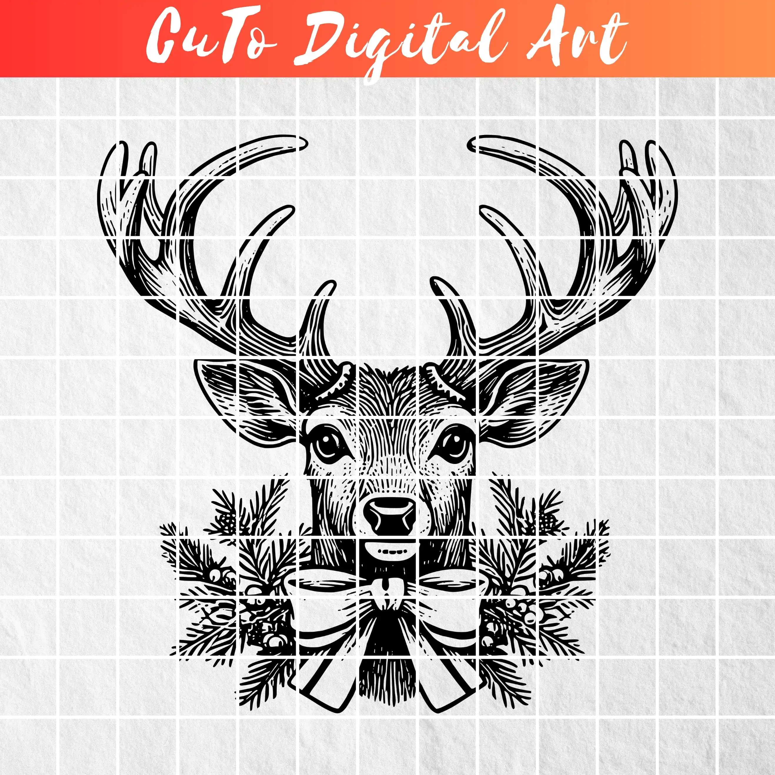 Vintage Deer Stag Head with Antlers & Evergreen Christmas - PNG SVG Instant Digital Download Files for Holiday Crafts