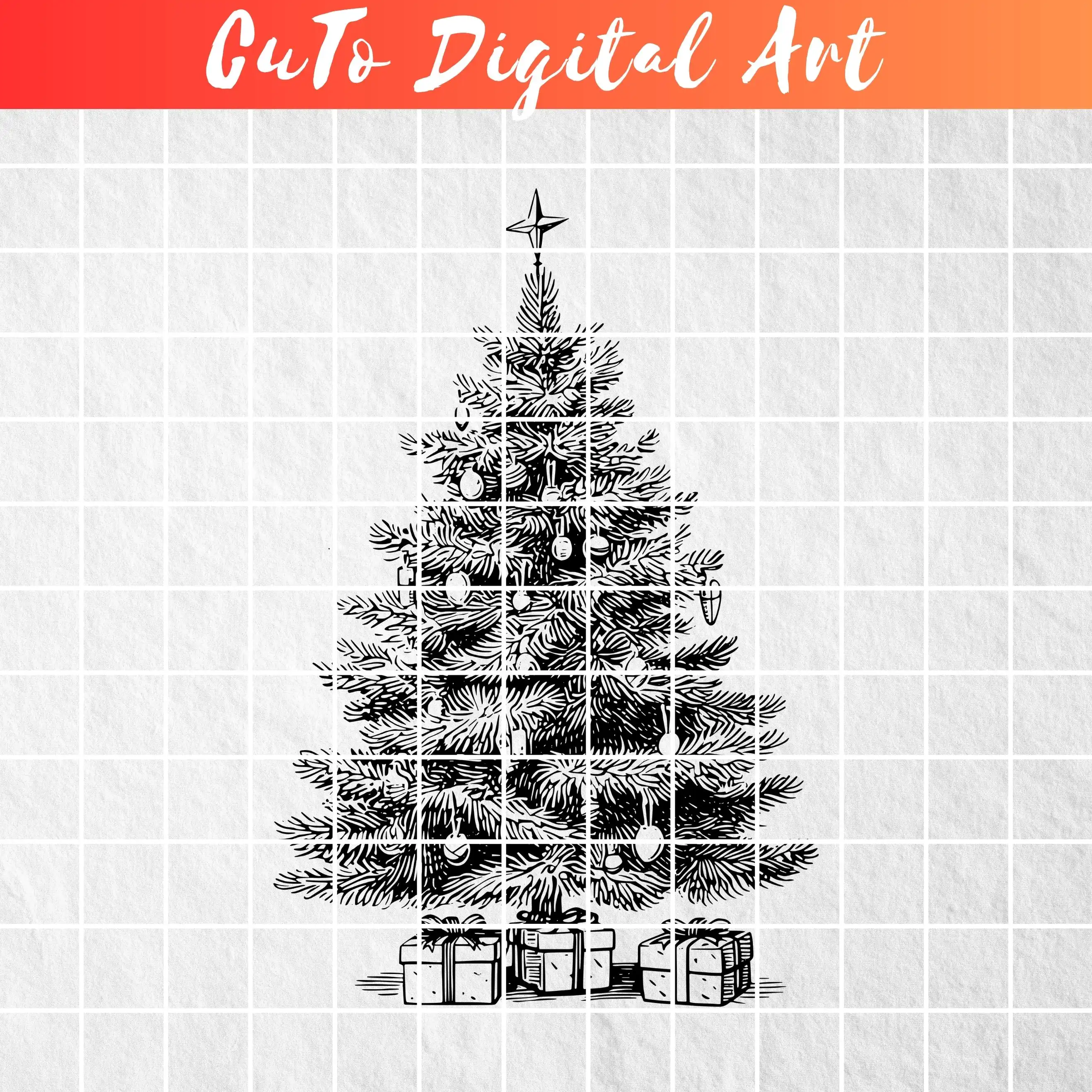Vintage Christmas Tree with Gifts Ornaments & Star - Detailed Xmas Holiday Graphics PNG SVG Instant Digital Download