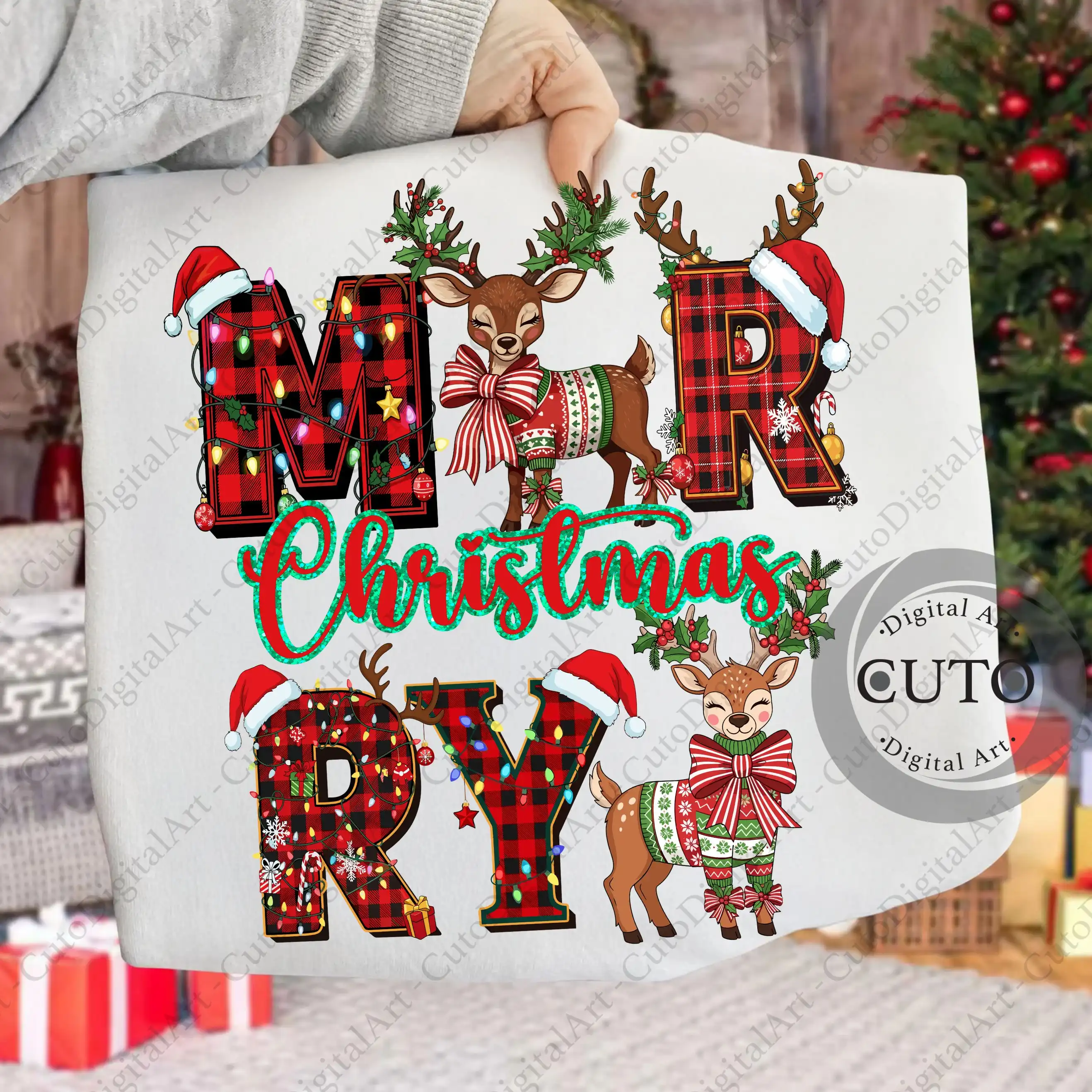 Merry Christmas Buffalo Plaid Reindeer Design for T-Shirts & Sweatshirts - Festive Holiday PNG Download