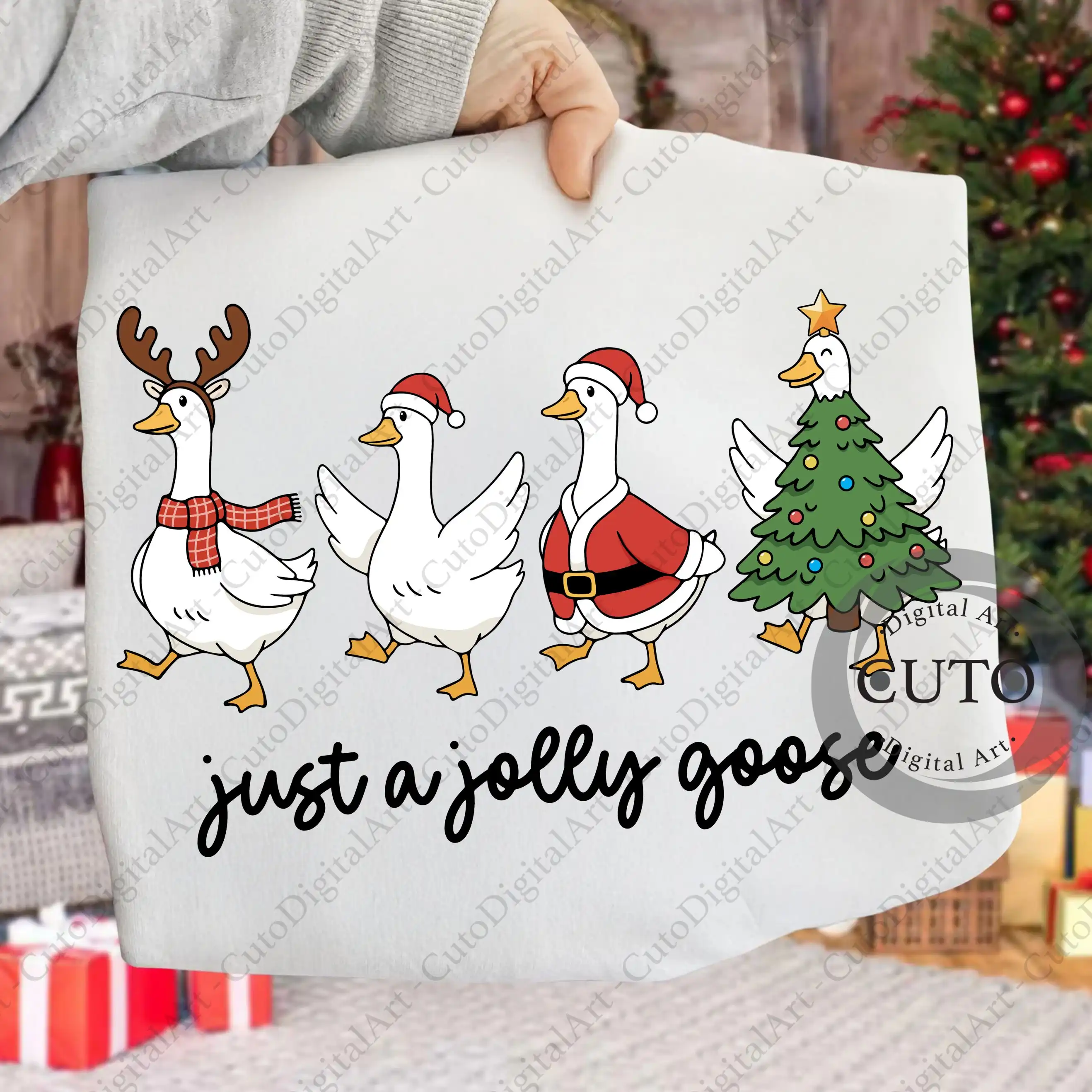 Just a Jolly Goose Christmas T-Shirt Design - Funny Holiday Geese with Santa & Reindeer - PNG Digital Download