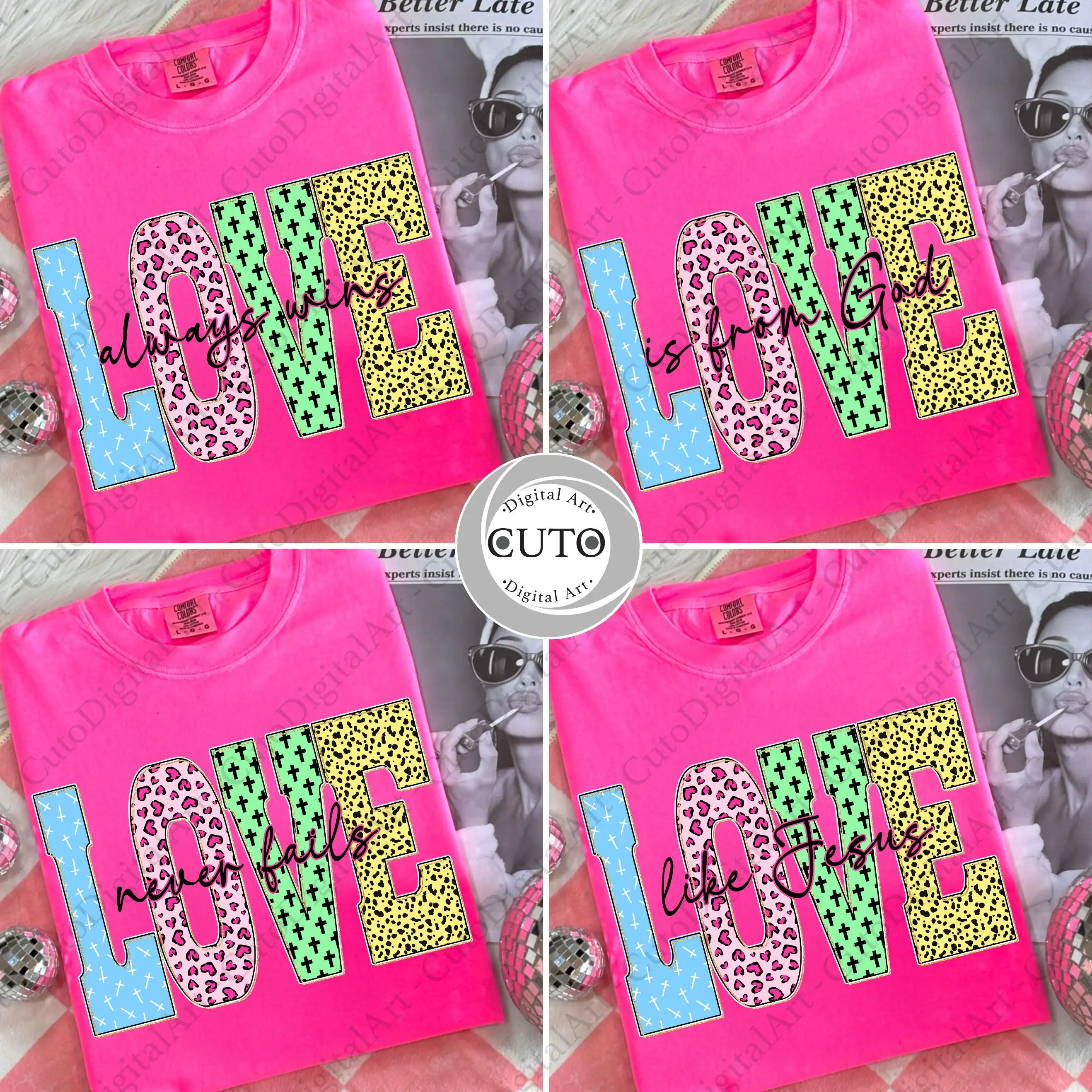 Christian Love Quote T-Shirt Design Bundle - 4 Faith Based Inspirational Designs with Trendy Patterns - PNG Files