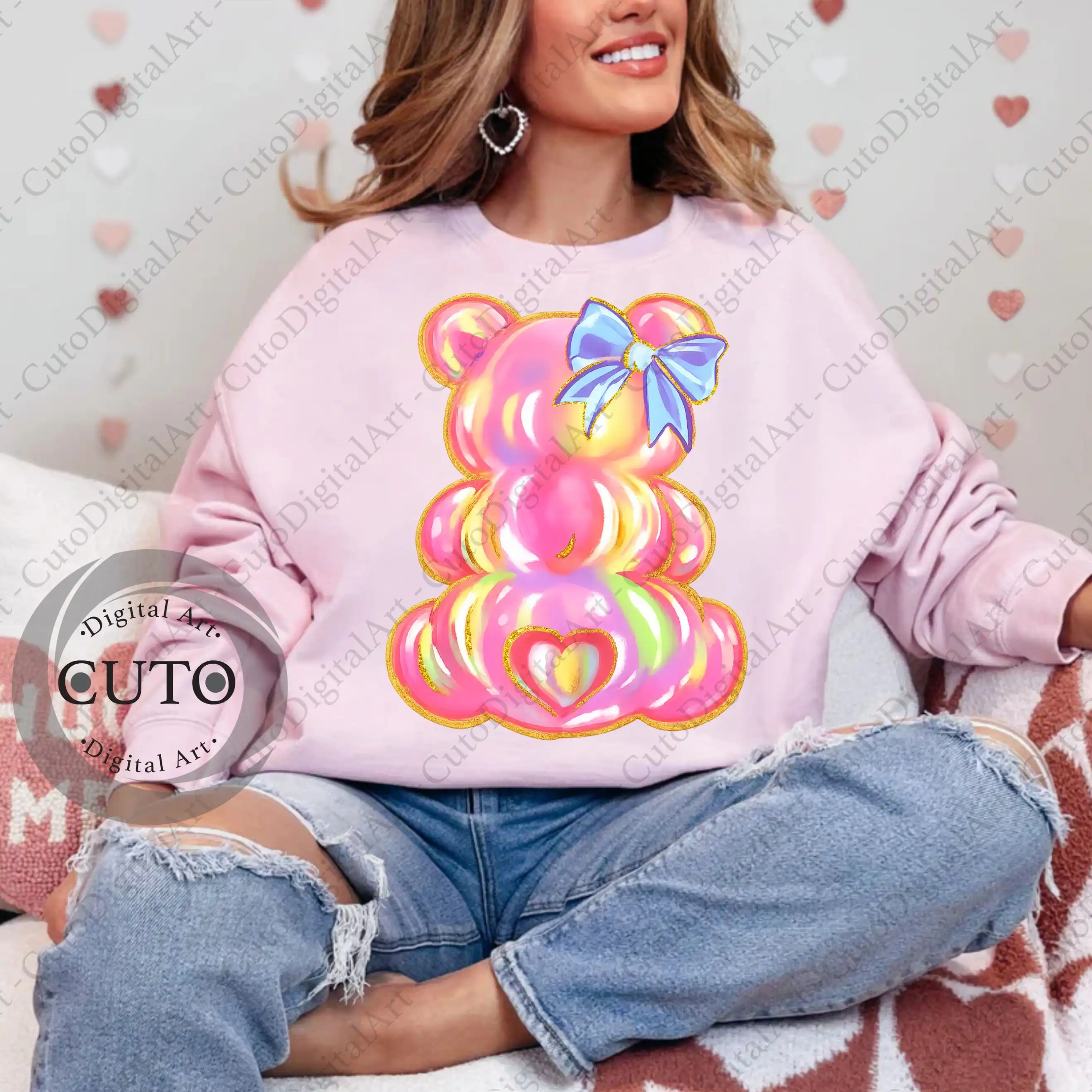 Rainbow Iridescent Valentine Bear Design for T-Shirts & Sweatshirts with Gold Glitter - PNG Digital Download