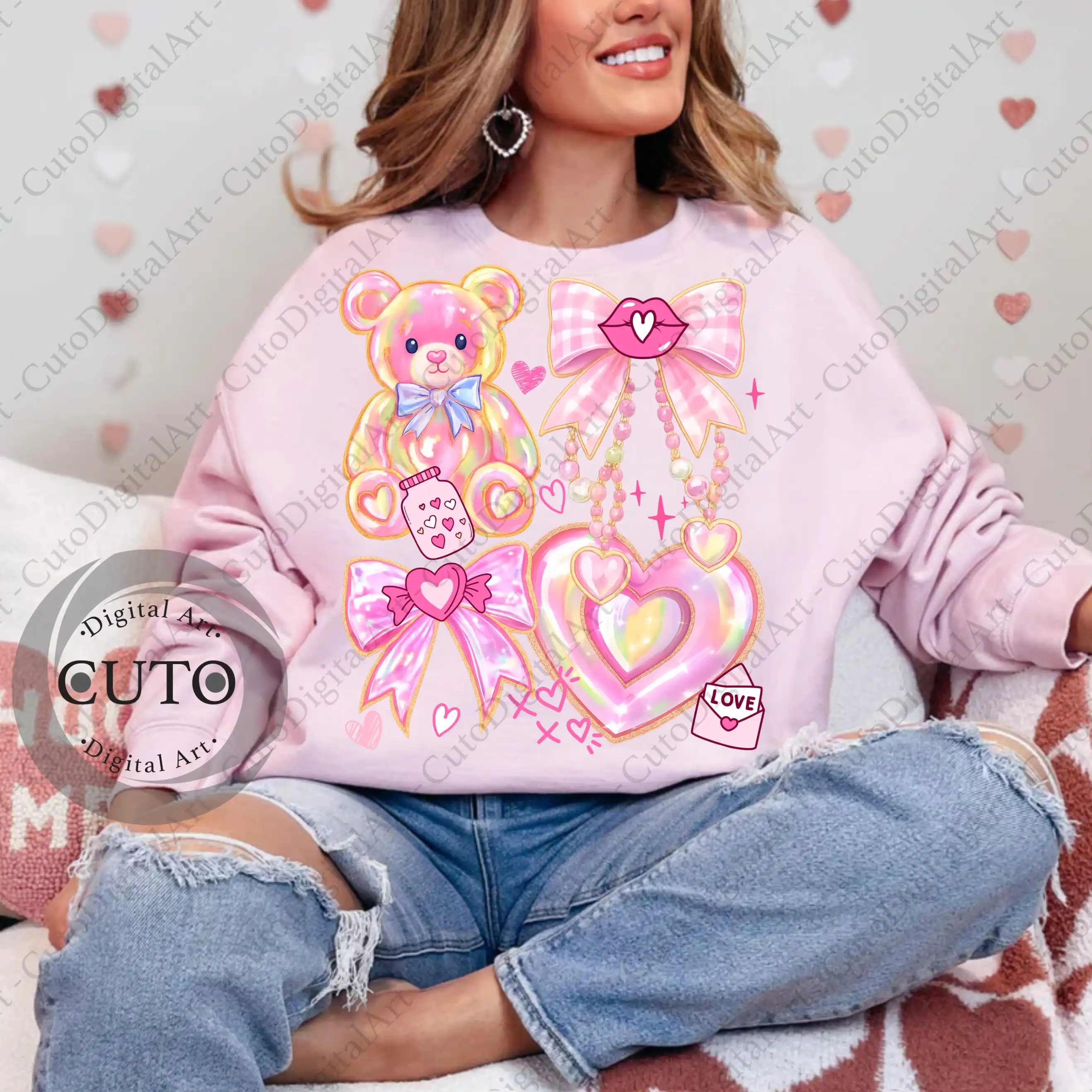 Iridescent Valentine Bear & Hearts Design for Sweatshirts - Pink Y2K Love Gift Theme PNG Digital Download