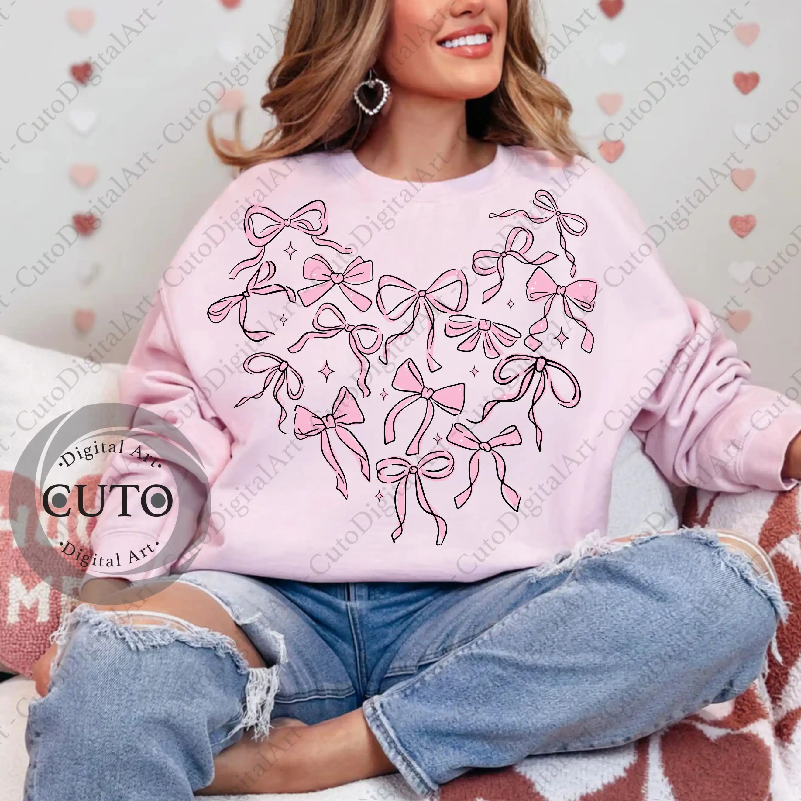 Pink Ribbon Bow Design for Valentine's Day T-Shirts & Sweatshirts - Cute Romantic Apparel PNG Digital Download