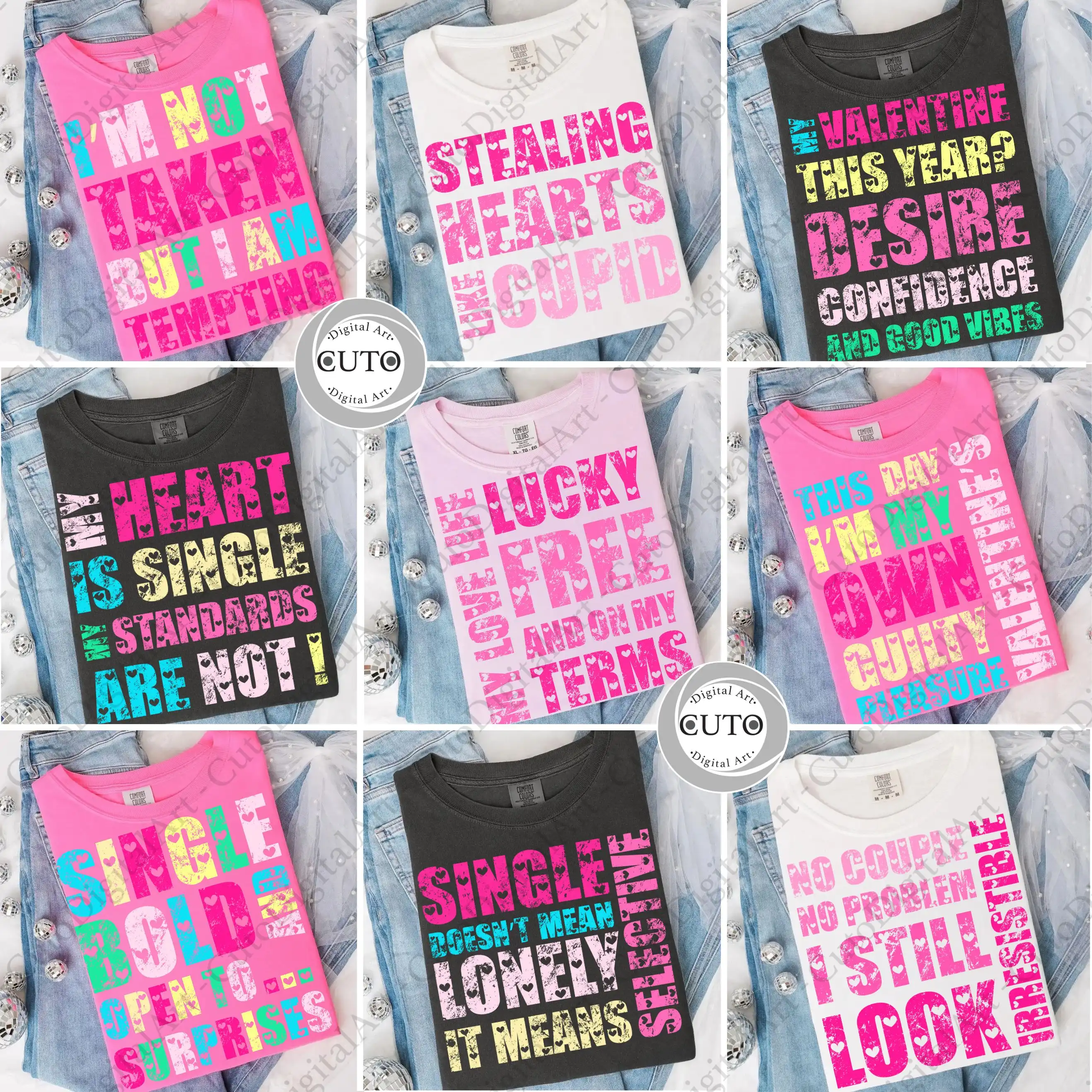 Valentine Shirt Design Bundle For Single And Confident - 9 Funny Empowering Anti Valentine Quotes for T-Shirts & Sweatshirts PNG Files