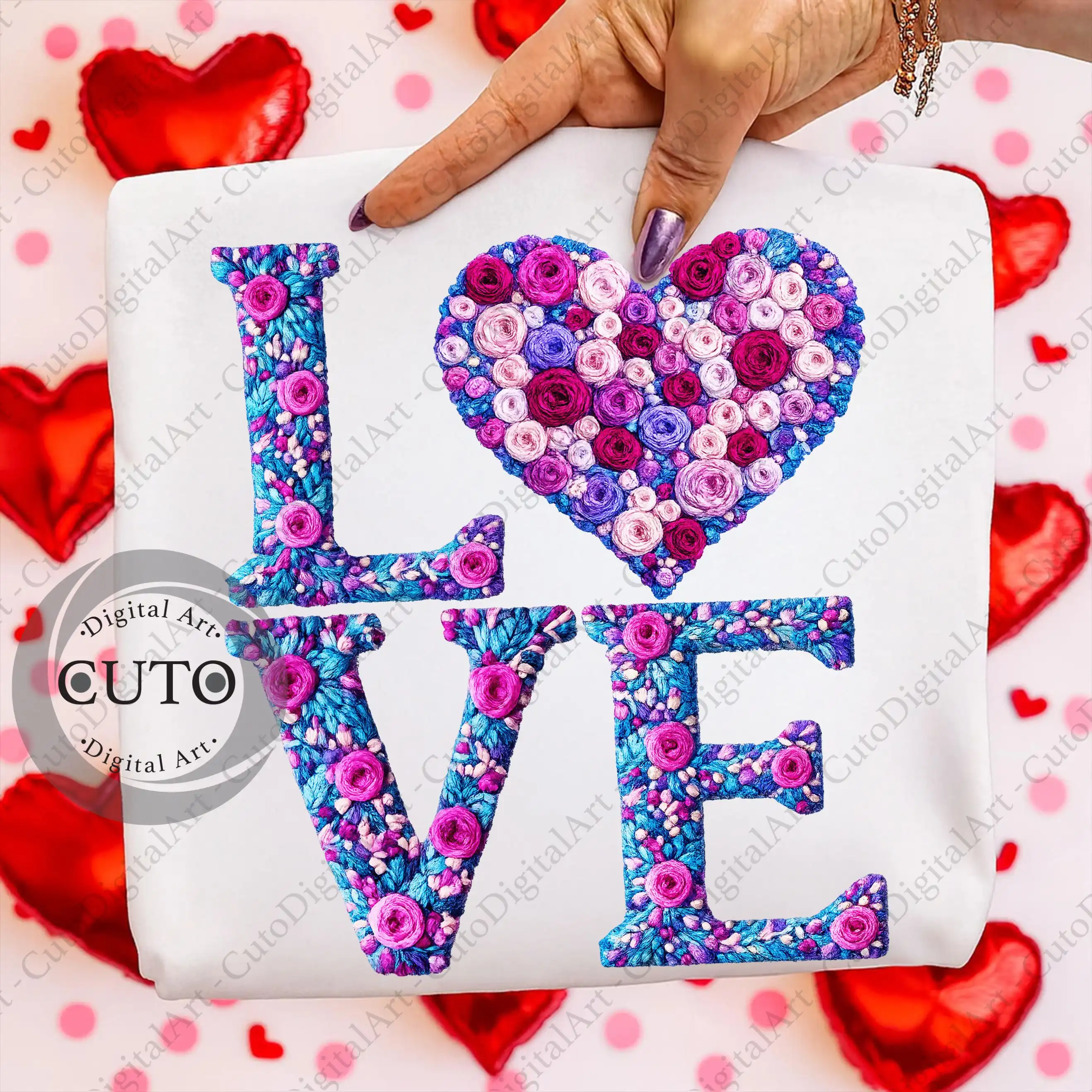 Floral Embroidery Love Design for Valentine's Day T-Shirts & Sweatshirts - Romantic Pink Purple Heart PNG, Digital Download
