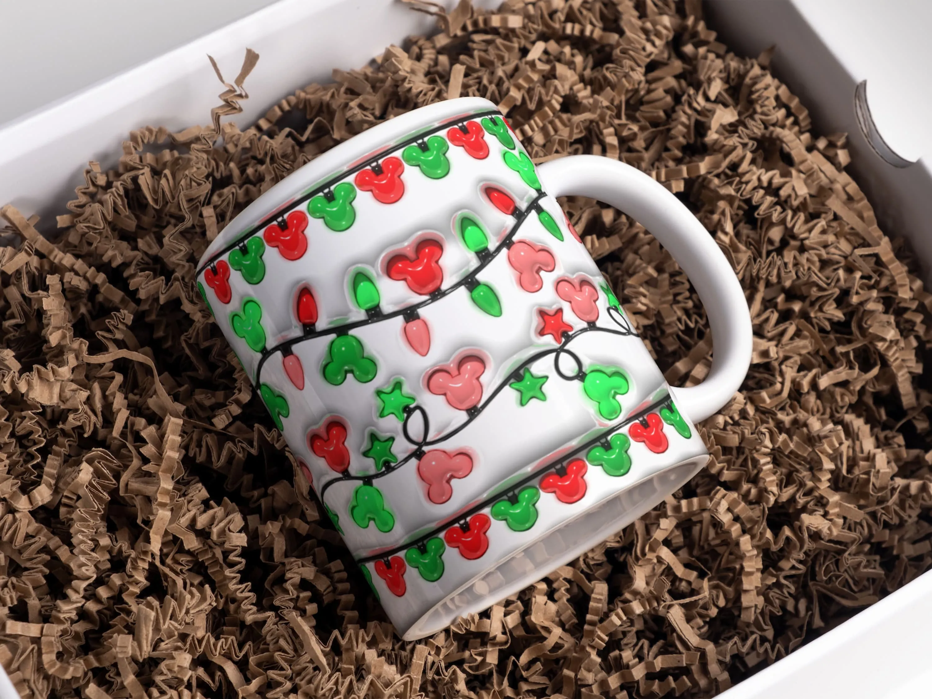 3D Inflated Green-Red Christmas Light Mug Wrap Sublimation Design 11oz & 15oz, Puffy Xmas Decoration Mug Wrap PNG, Instant Digital Download