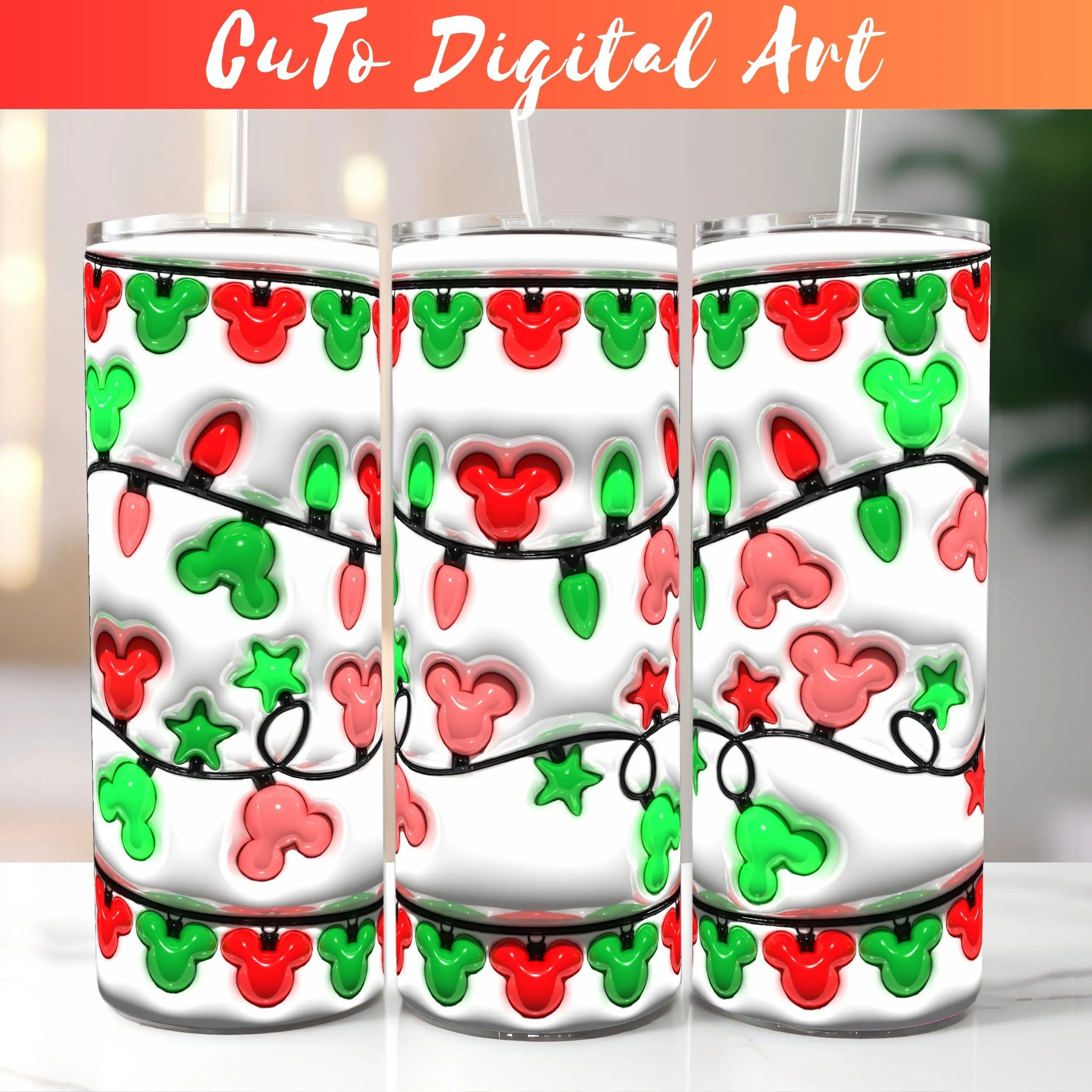 3D Seamless Christmas Decoration Inflated Tumbler Wrap Design, 3D Puff Mouse Christmas Light 20oz Tumbler Sublimation, Digital Download